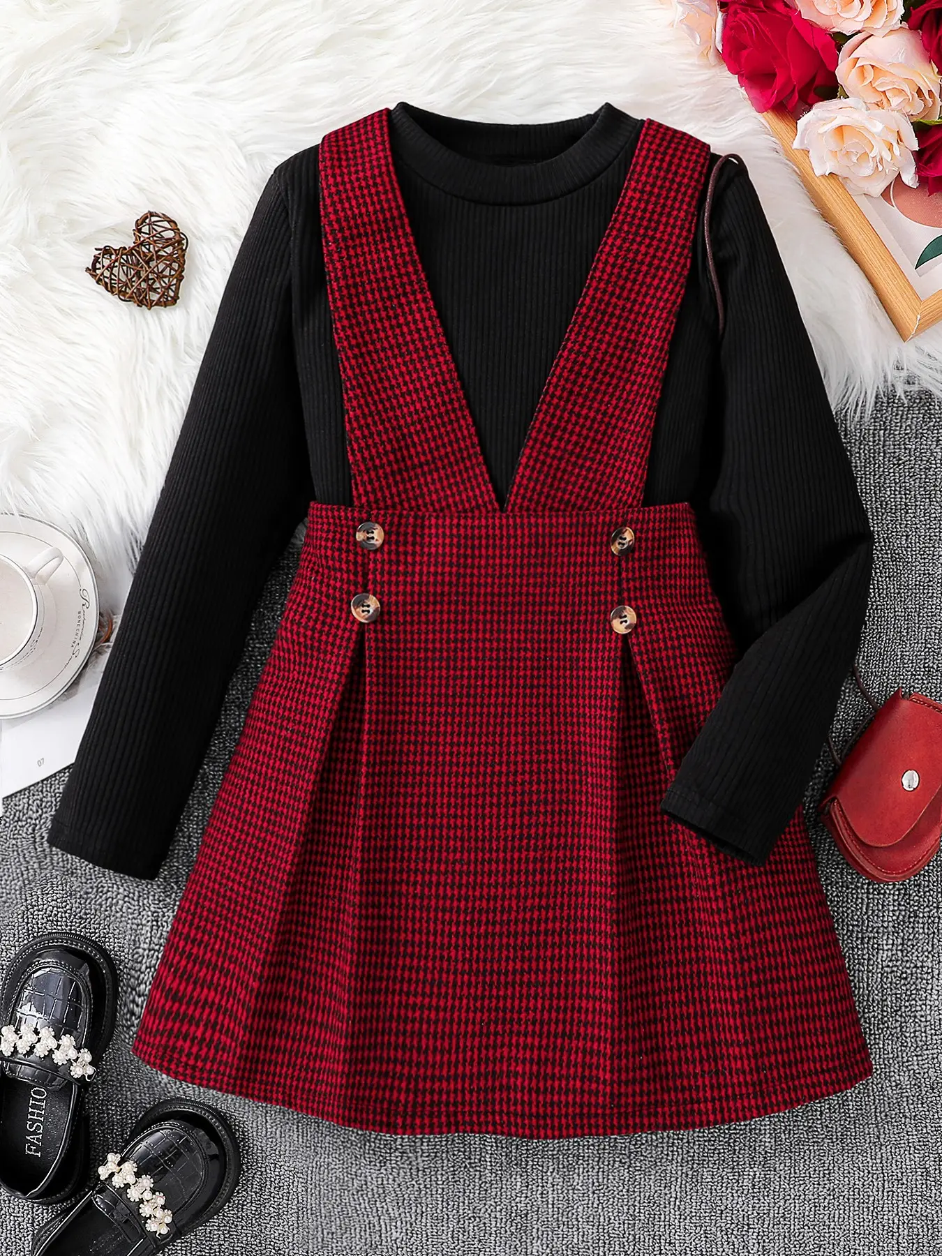 Girls 8-12Y New Year Red Preppy 2-Piece Outfit, Black Vertical Rib Crewneck Long Sleeve Top, Red Black Houndstooth V Wide Strap Pleated Pinafore Dress, Dual Side Wood Buttons Waist A-Line Skirt, Kids Winter New Year & Birthday Set