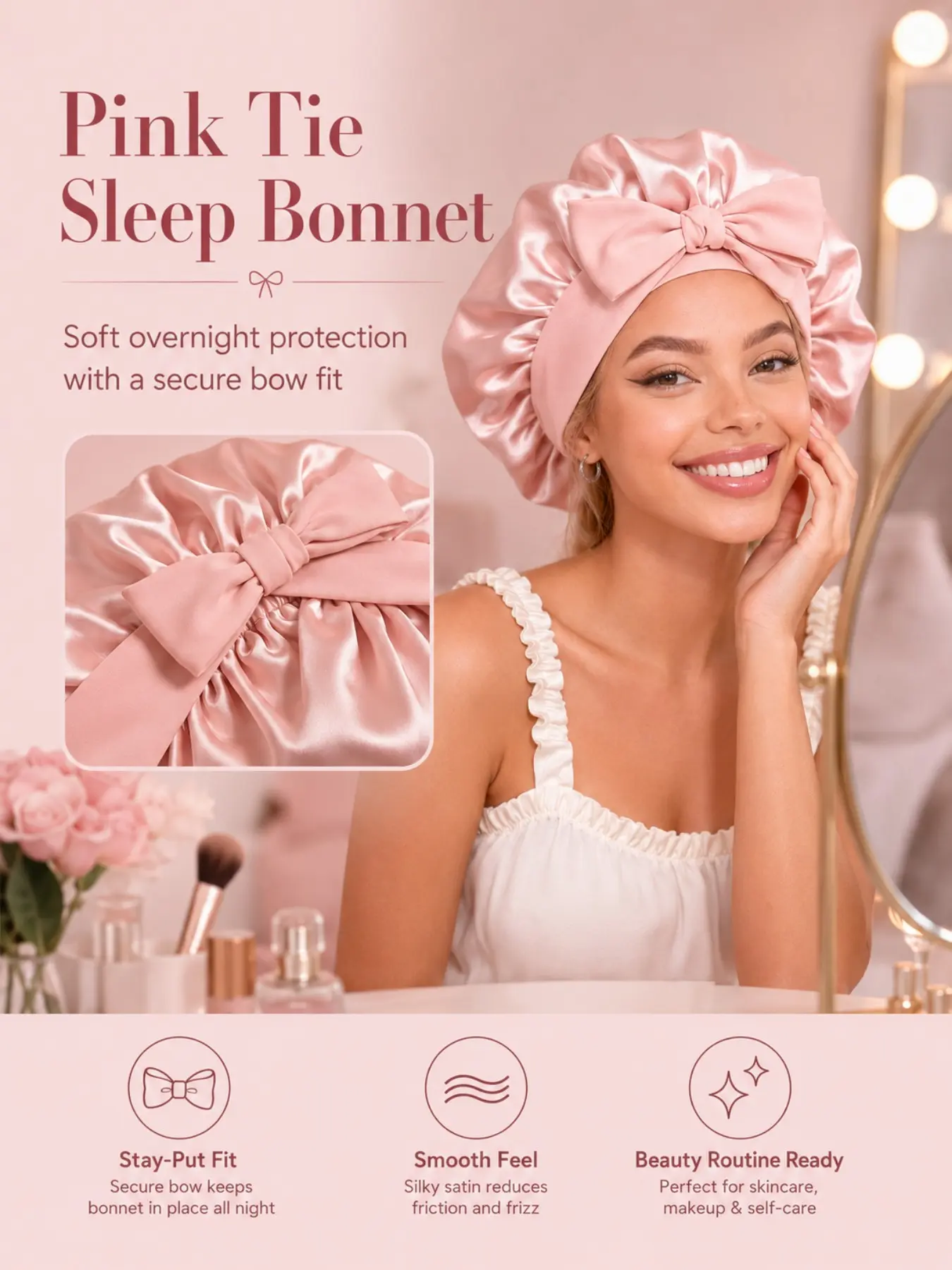 1pc Pink Satin Bonnet for Sleeping with Long Tie Band, Anti-Frizz Haircare Hair Wrap Cap for Women, Soft Silk-Like Hair Protection Sleep Cap, Smooth