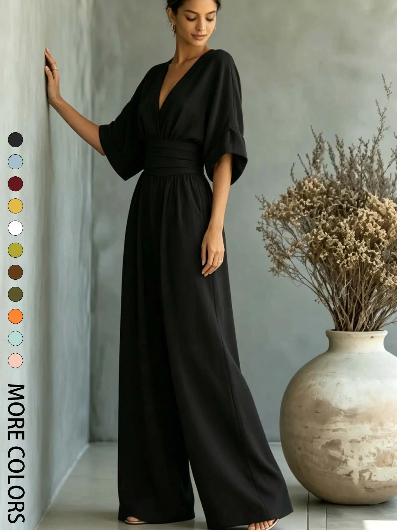 Summer new elegant and high-end Women V-neck one-piece wide leg pants, Elegant fashion jumpsuit with cinched waist for slimming effect, suitable for daily travel, outdoor lawn banquets, light wedding outfits, afternoon tea, commuting