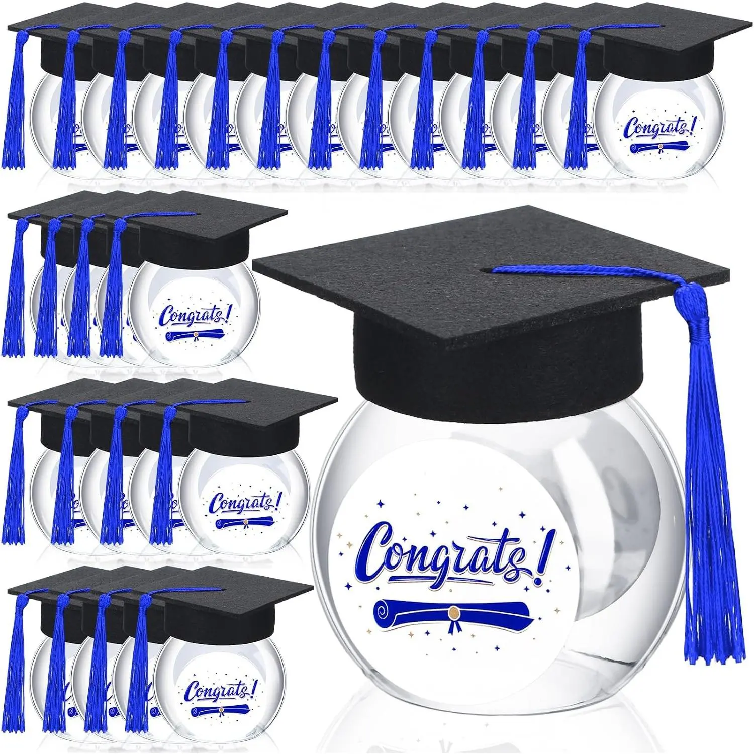 24 Sets 2026 Graduation Cap Candy Jars 8oz Plastic Candy Container Chocolate Gum Bottles School Party Gifts for Guests(Blue)