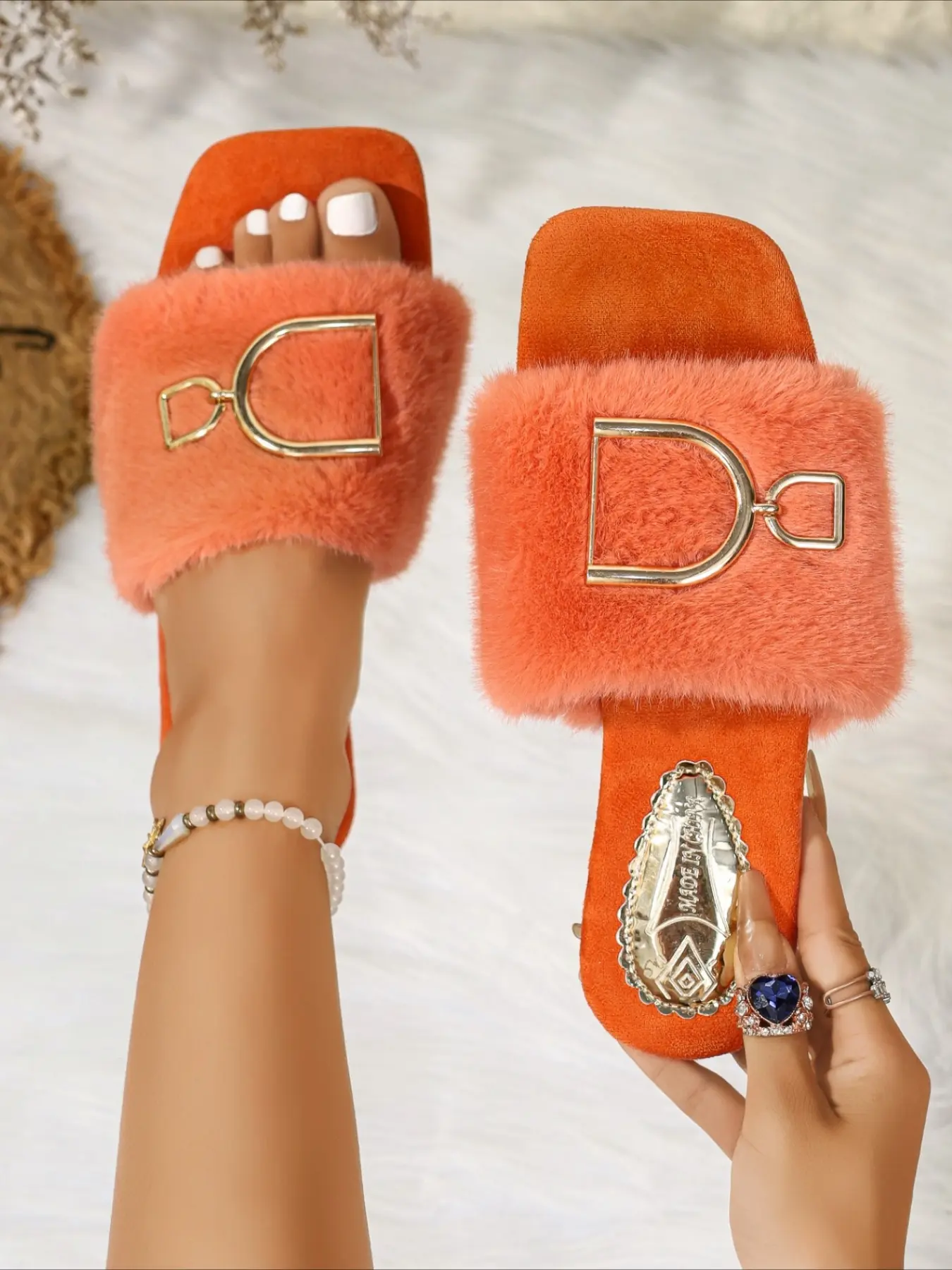 Square toe fuzzy flat slide women's slippers with crown rhinestone, multi colors, soft comfy indoor outdoor slides for autumn and winter