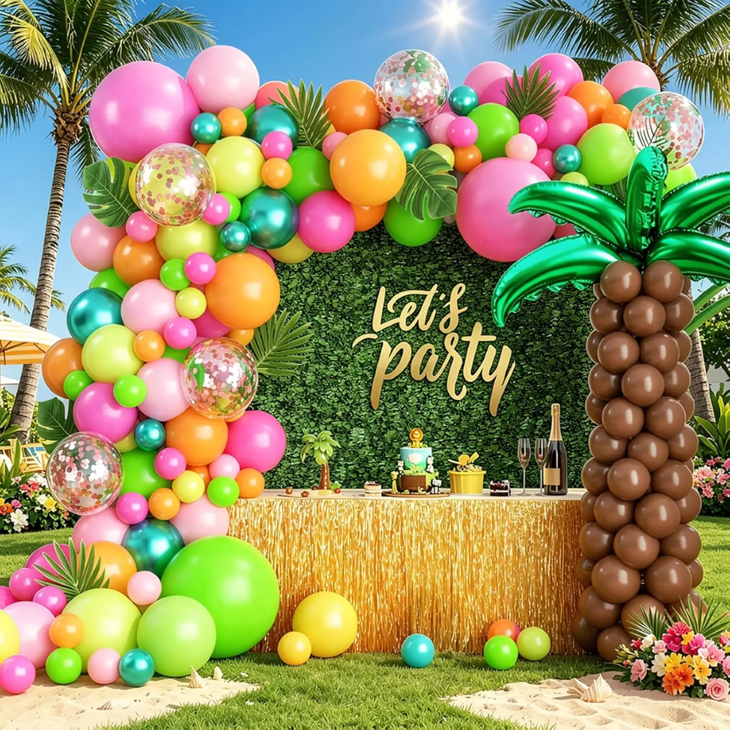 146-Piece Tropical Balloon Arch Set - DIY Party Decor Kit with Palm Tree Foil Balloons, Palm Leaves, Flamingo Accents for Hawaiian Luau, Birthday Party, Aloha Celebration