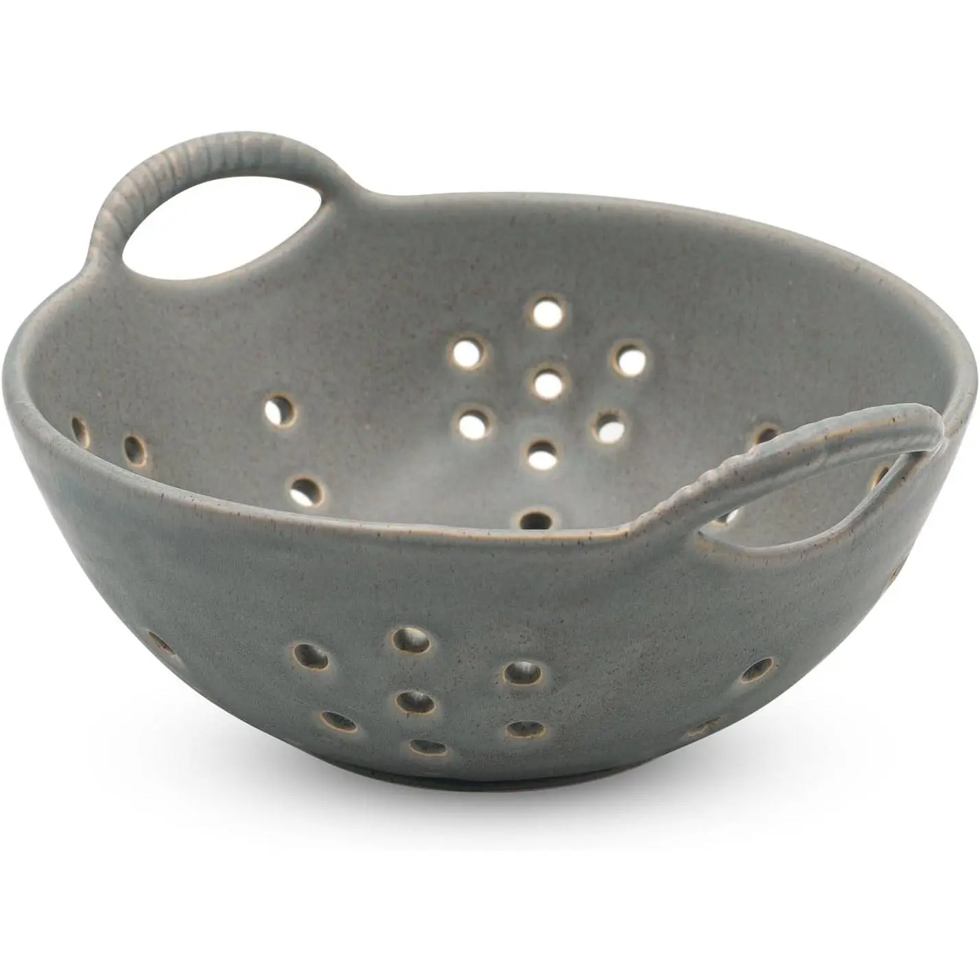 Sage Green Matte Glaze Sturdy Ceramic Colander Bowl with Handles, Holes - 8.5"×8"×3.3" Rustic Stoneware Drain Bowl for Fruit, Berries, Kitchen Decor