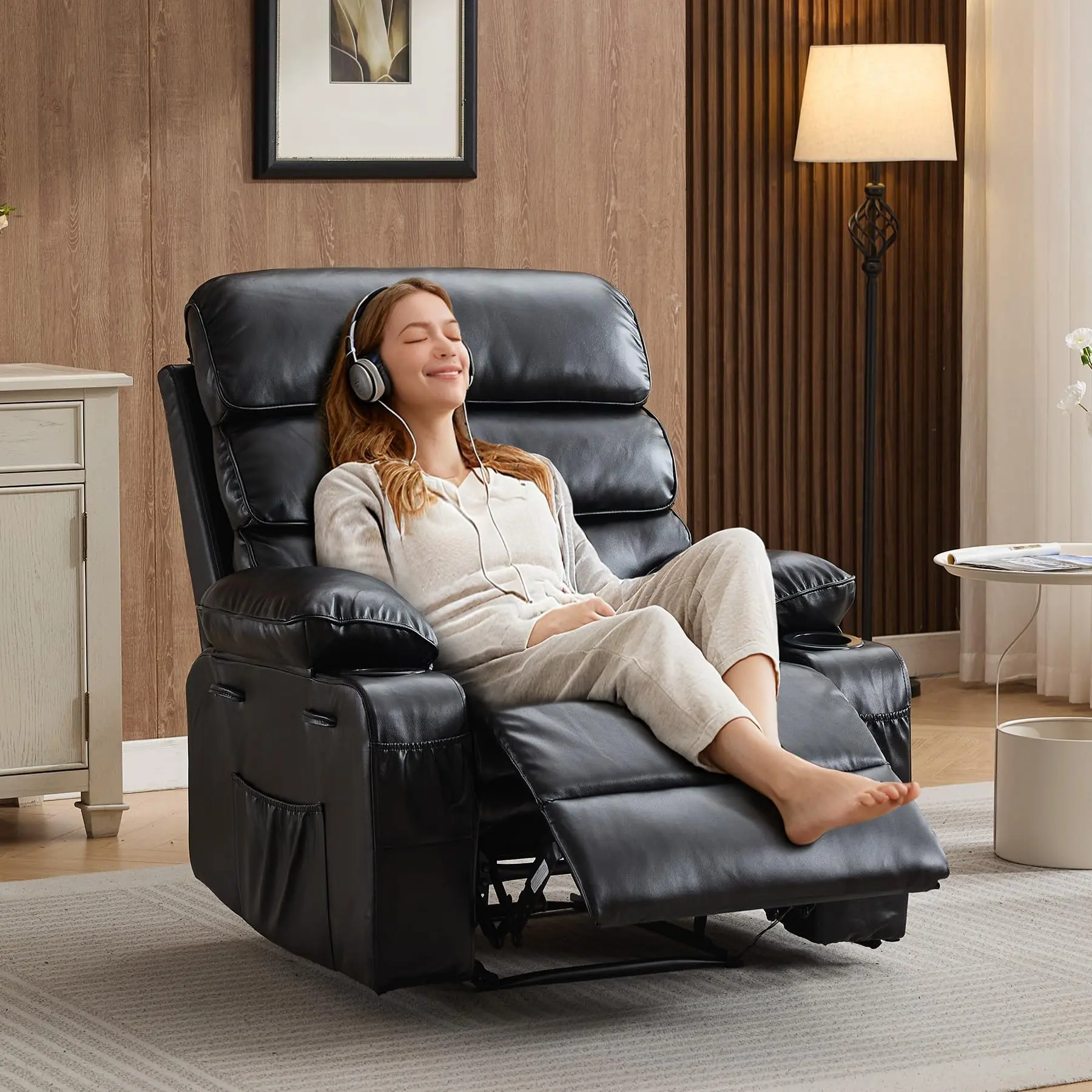 Garvee PU Leather Extra Wide Manual Recliner for Adults with Massage and Heat, Large Lazy Chair with 1.5X Sponge Comfort Arm and Back for Living Room, Bedroom
