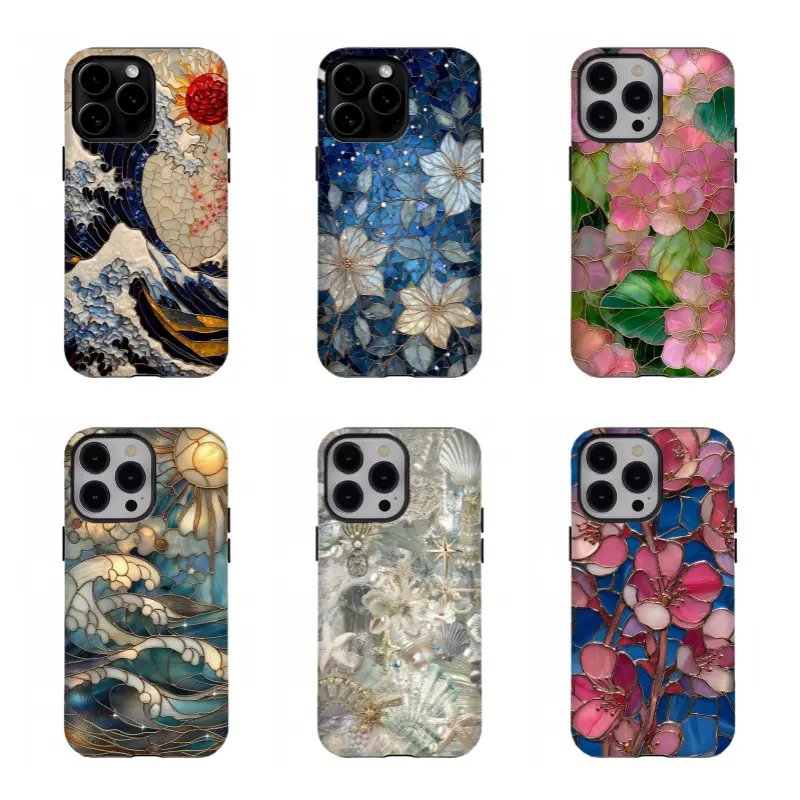 Stained Glass Art Phone Case Bundle | Mosaic Great Wave Ocean Floral Seashell Vintage Tiffany Style Protective Case,for iPhone 17/16/15/14/13/12/11 ProMax Plus for Samsung phones,an excellent gift for friend or fans.