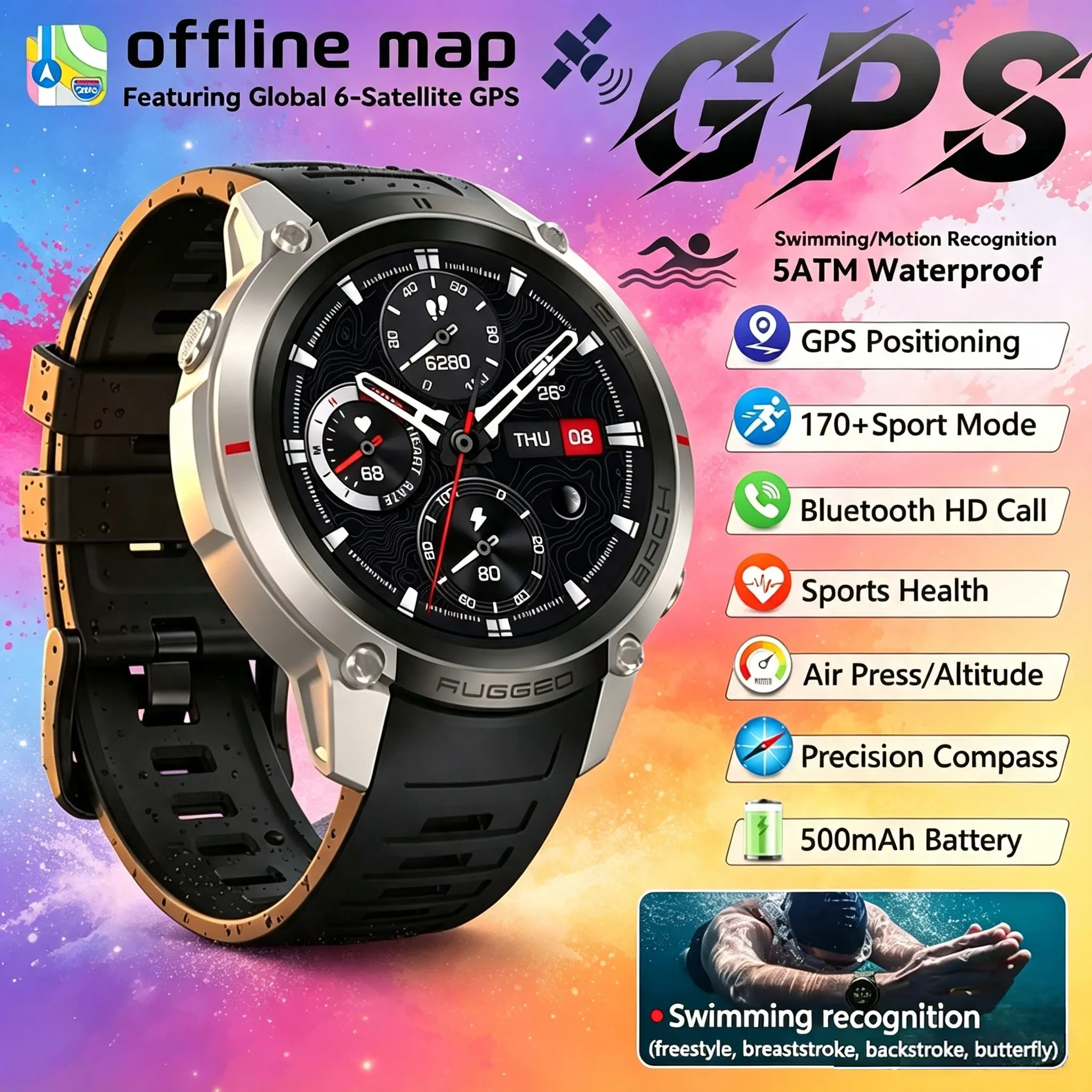 6 Satellite GPS Smart Watch 5ATM Waterproof 500MAH 1.43" HD AMOLED Bluetooth call Outdoors Sports Smart Watch Men