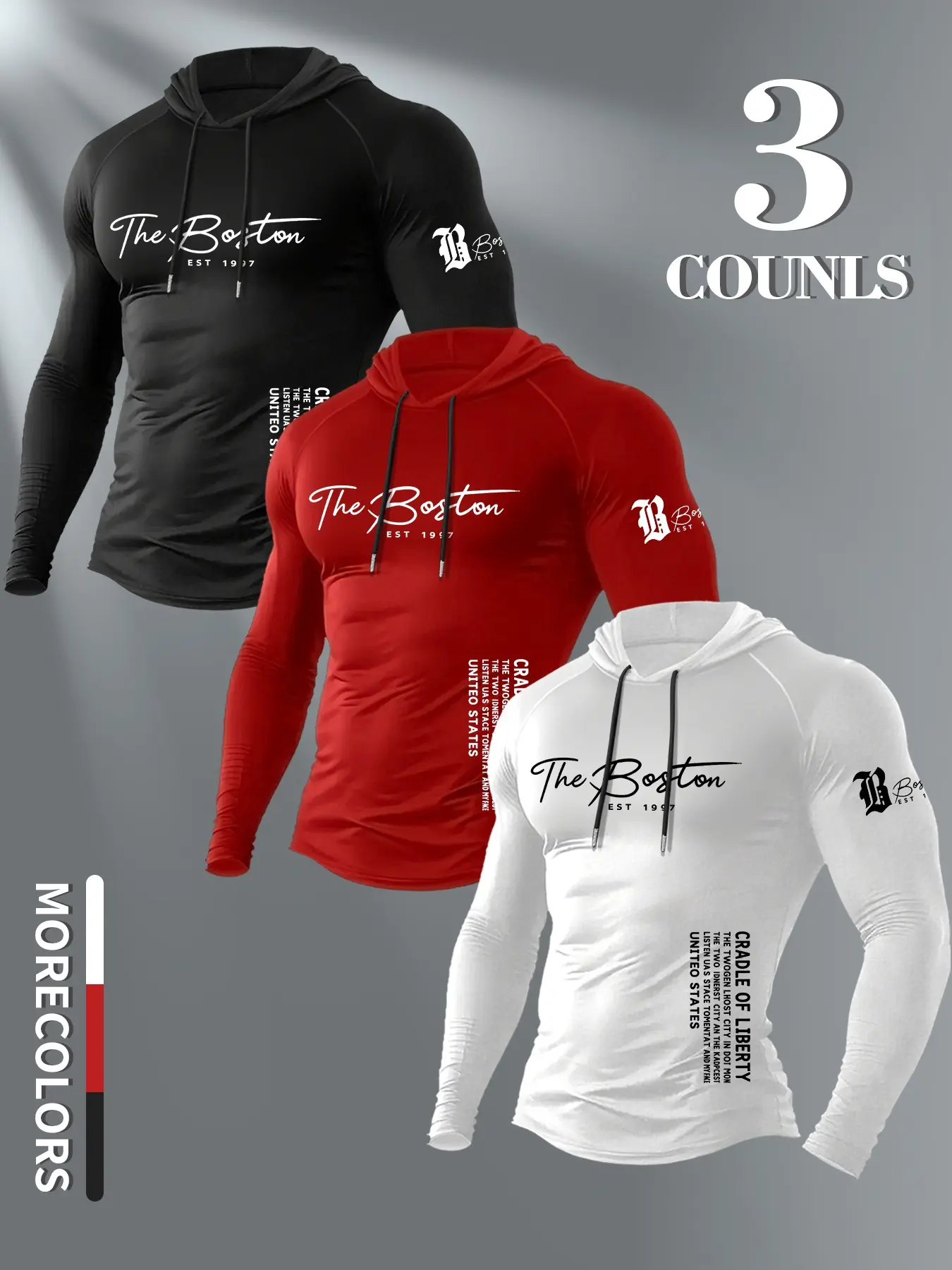 American Boston Signature Print Compression Hooded Long Sleeve 3 Pack, Stretch Quick Dry Daily Gym Slim Base Hoodie