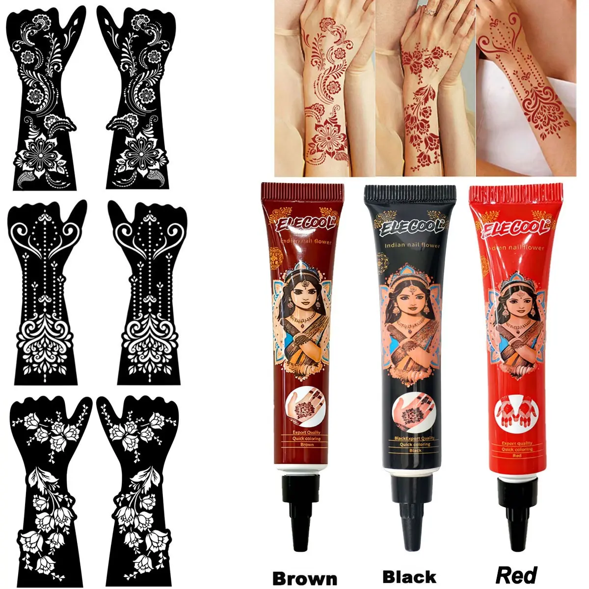 Boho Style Hand Henna Tattoo Kit, Full Hand Floral Cutout Template, Henna Stencil, Waterproof Long-Lasting Tattoo Cream, DIY Body Art, Wedding Decor