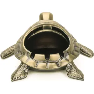 Vintage Turtle with Lid | Portable, Odor-Resistant, Aluminum Metal Desktop Ashtray for Outdoor and Indoor Use, Art Deco Style, Irregular Shape for Home Office Decoration