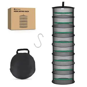 Yesker 8-Layer Steel & Synthetic Polyester Round Herb Drying Rack, 24" Diameter Hangable Mesh Net with Green Zipper & Hook, Waterproof Foldable Accessories for Flowers, Grow Tent, Laundry Use