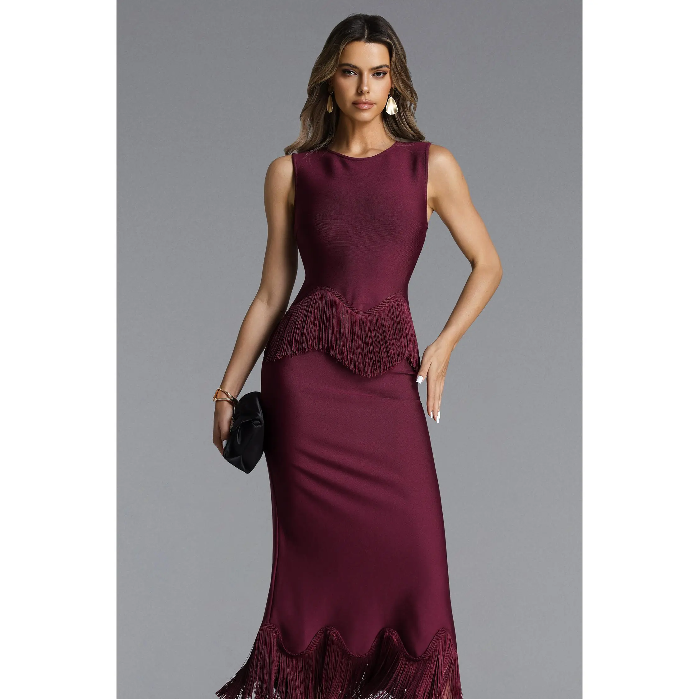 Bella Barnett Wenesa Classic Tailored Sleeveless Fringe Bandage Maxi Dress