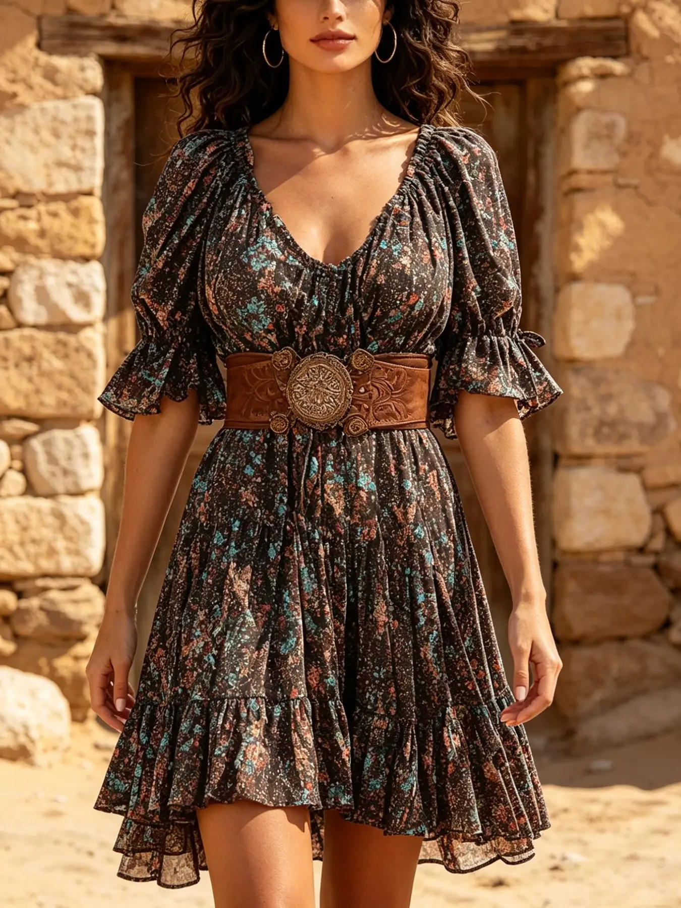 Women's Ruffle Short Dress Print, Western Casual Daily Bohemian, Surplice V Neck, Puff Sleeves, Tiered Hem, High Waist, Breathable Woven Fabric, Spring Summer, Boho Dresses