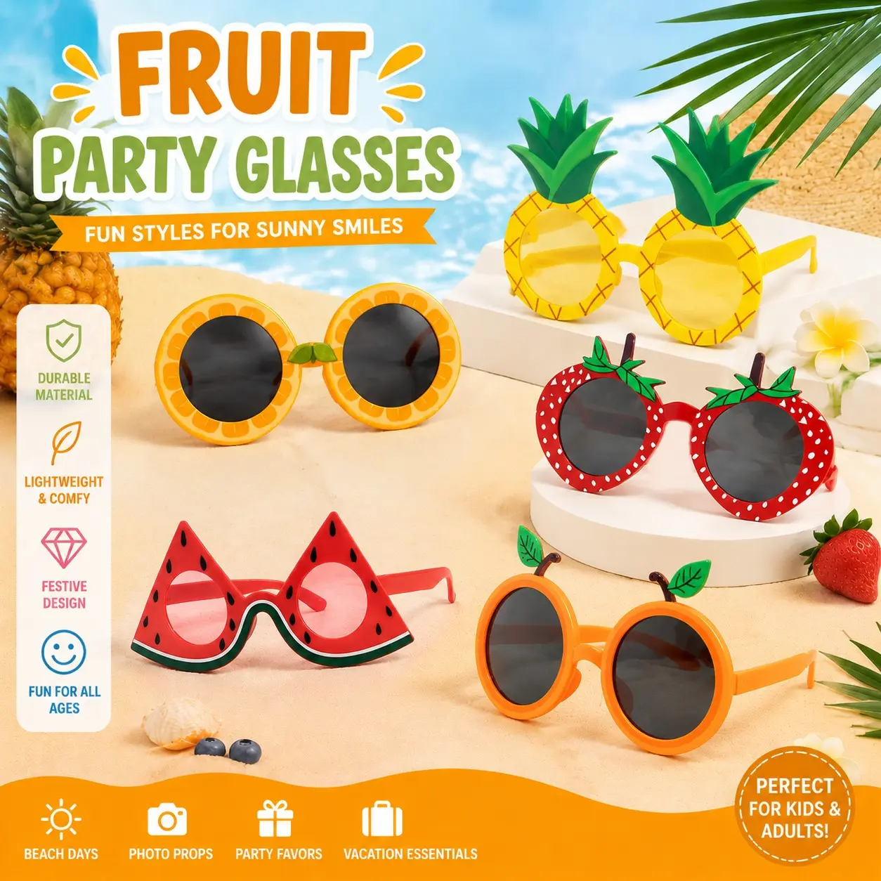 Hawaiian Fruit Party Glasses, Creative Pineapple, Watermelon, Strawberry Shapes, Beach Party, Cocktail Dance, Photo Booth Props