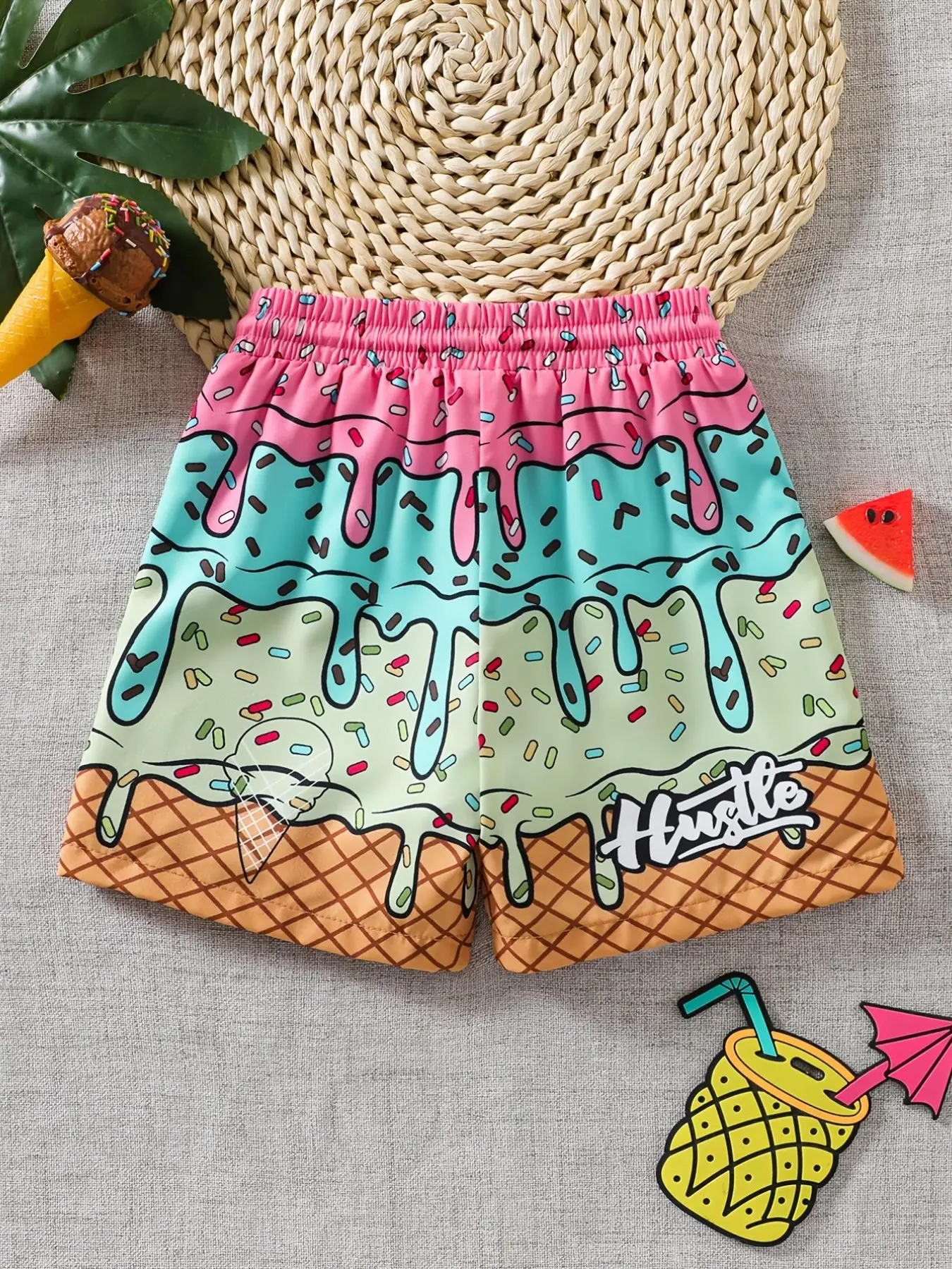 Kids Dripping Ice Cream Print Casual Sports Fit Shorts, Boys Girls Summer Beach Kids Bottoms 2026 New Arrival