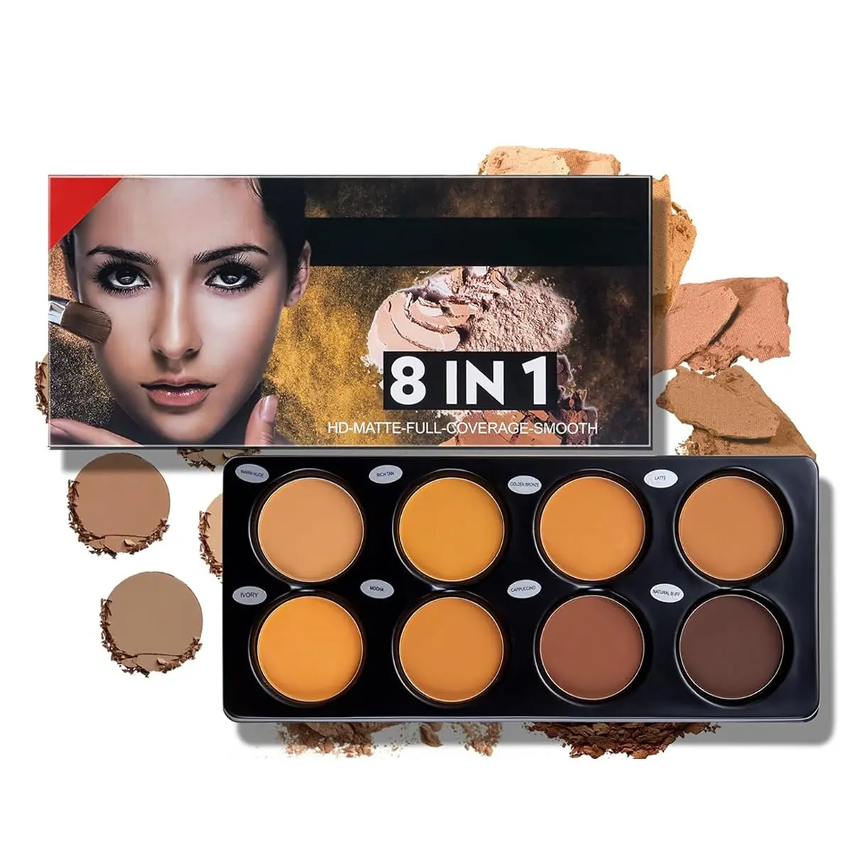8-shade matte contour powder palette with cool & warm tones, fine non-fallout powder for shadow, highlight and nose shaping. All-in-one sculpting makeup kit, beginner-friendly compact cosmetic for daily makeup and travel touch-ups.