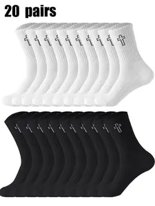 Men's Cross Print Knit Crew Socks, Casual Comfy Breathable Mid-calf Socks for Daily Wear, Men's Socks for All Seasons