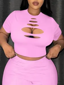 Lw Home Plus Size Hollow Out T-Shirt, Slim Fit Comfortable, Perfect for Home Wear, Ideal for Summer, Casual Solid Pattern