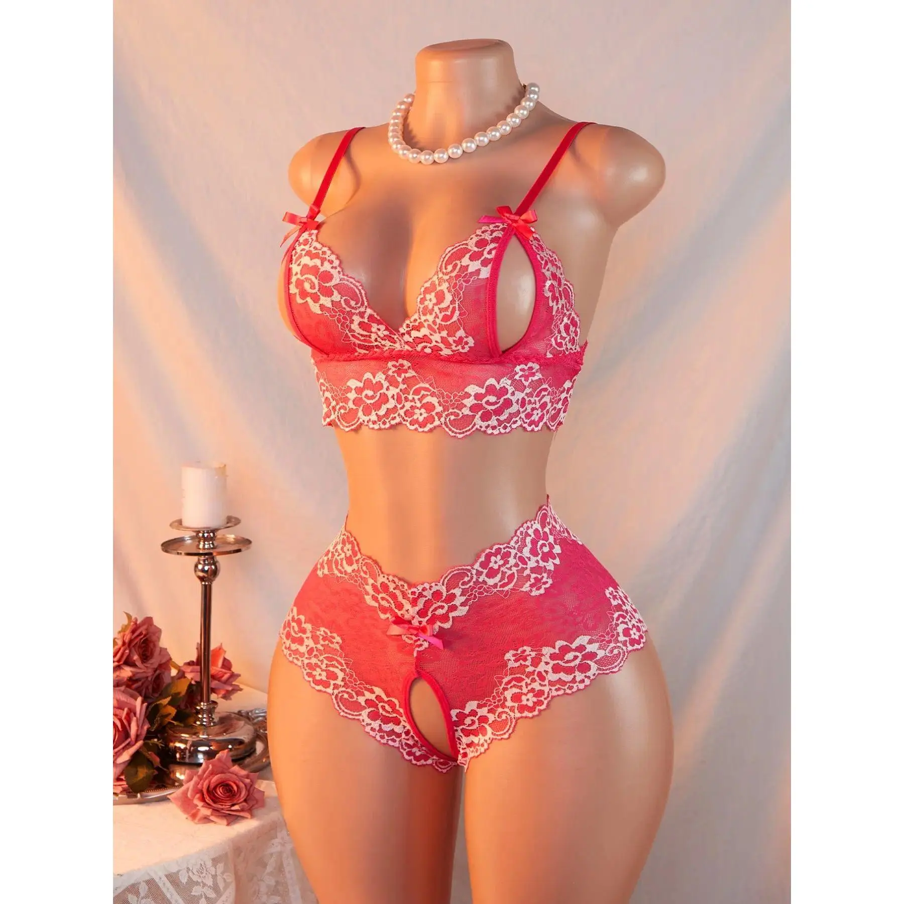 Women’s Lace Lingerie Set, Sexy Floral Bra and Panty Set with Deep V Cutout Design, Feminine Bow Detail Slim Fit Underwear Set, Elegant Romantic Sleepwear for Date Night, Honeymoon, Special Occasions and Everyday Wear