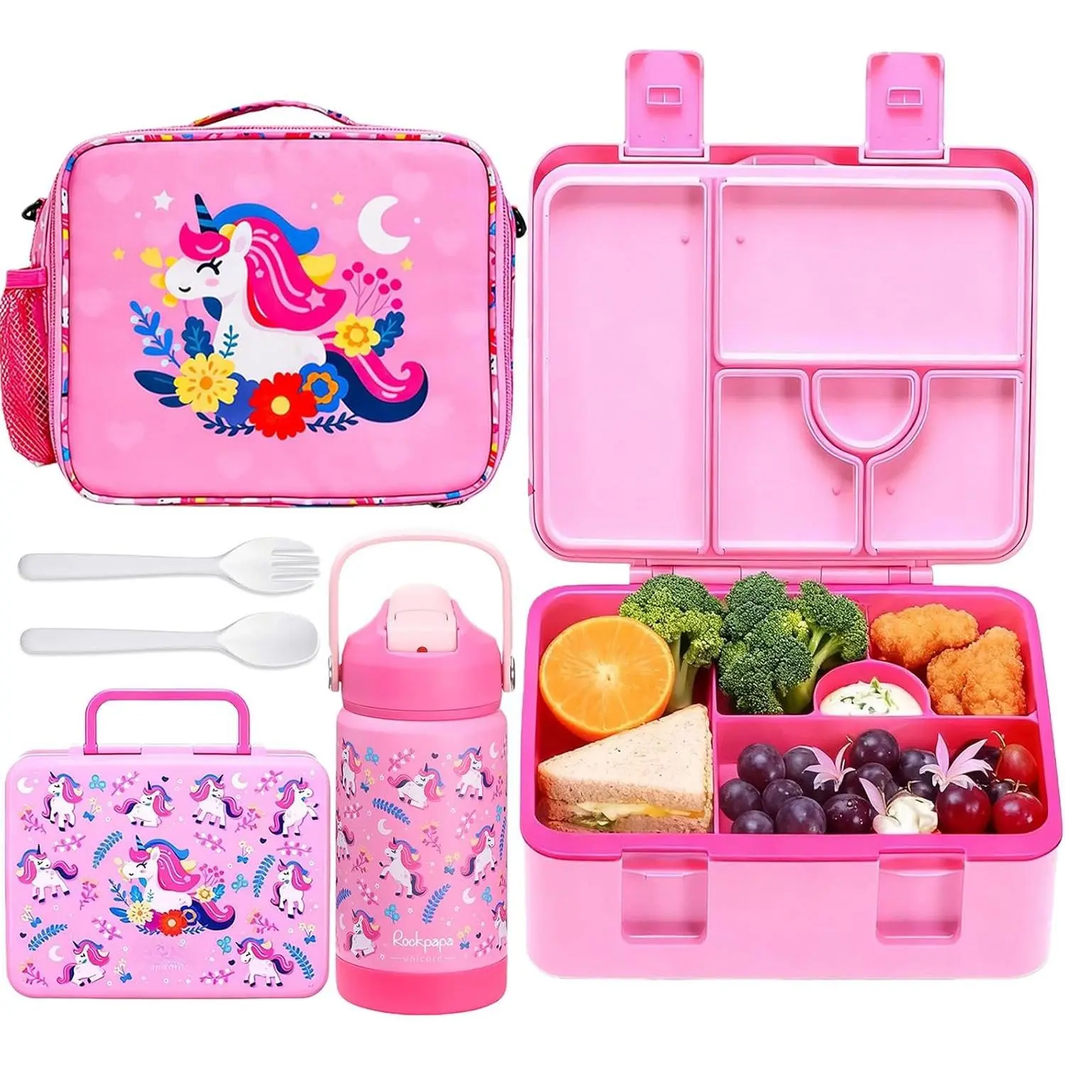 Kids' Unicorn Bento Lunch Box Set - Back to School Synthetic Characters Design, 5.5-Cup Leakproof Tableware, 14oz Insulated Tumbler with Lid, Lightweight Lunch Bag, Microwave Safe