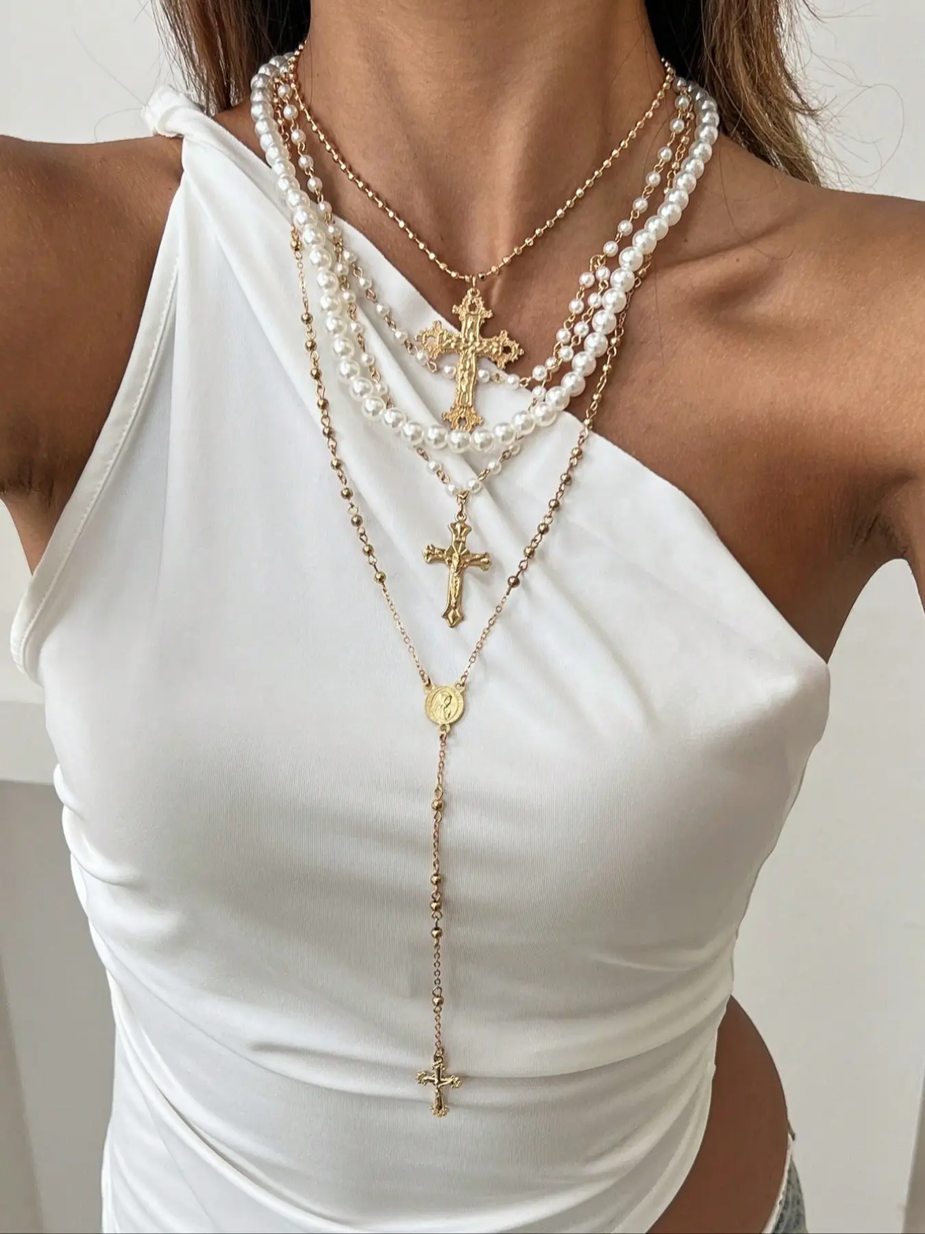 Vintage Creative Metal Religious Jesus Cross Pendant Necklace Set, Elegant Fashion Faux Pearl Beaded Necklaces for Women Daily Wear Jewelry
