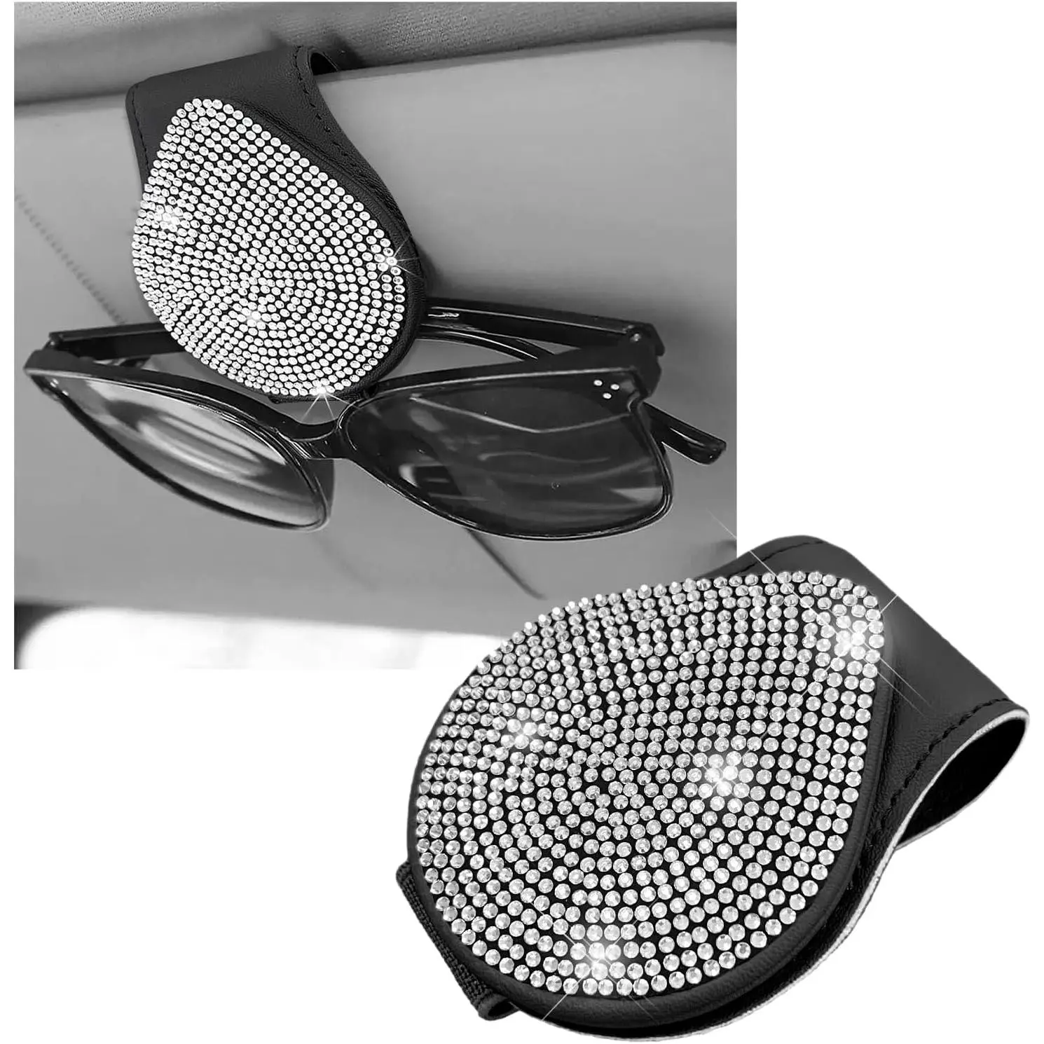 Bling Sunglass Holder for  Visor,  Leather Visor Clip Glasses Holder with Sparkling Rhinestones,  Visor Ticket Card Clip for Women Girls,  Accessories (Black & White)