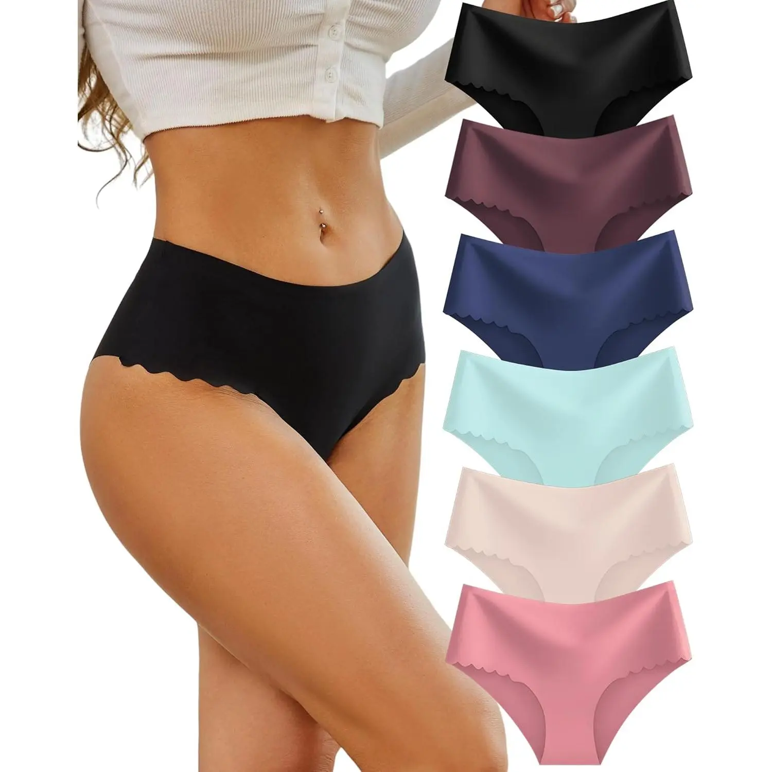 Women's 6-Pack Panties, No-Show Seamless Slimming High-Waisted Cheeky Bikini, Cotton Blend with Scalloped Edge, Scallop Edge, Elastane, Seamless Briefs, Slimming Effect, Solid Plain, Tummy Control Panties, Lady, High Rise Panties