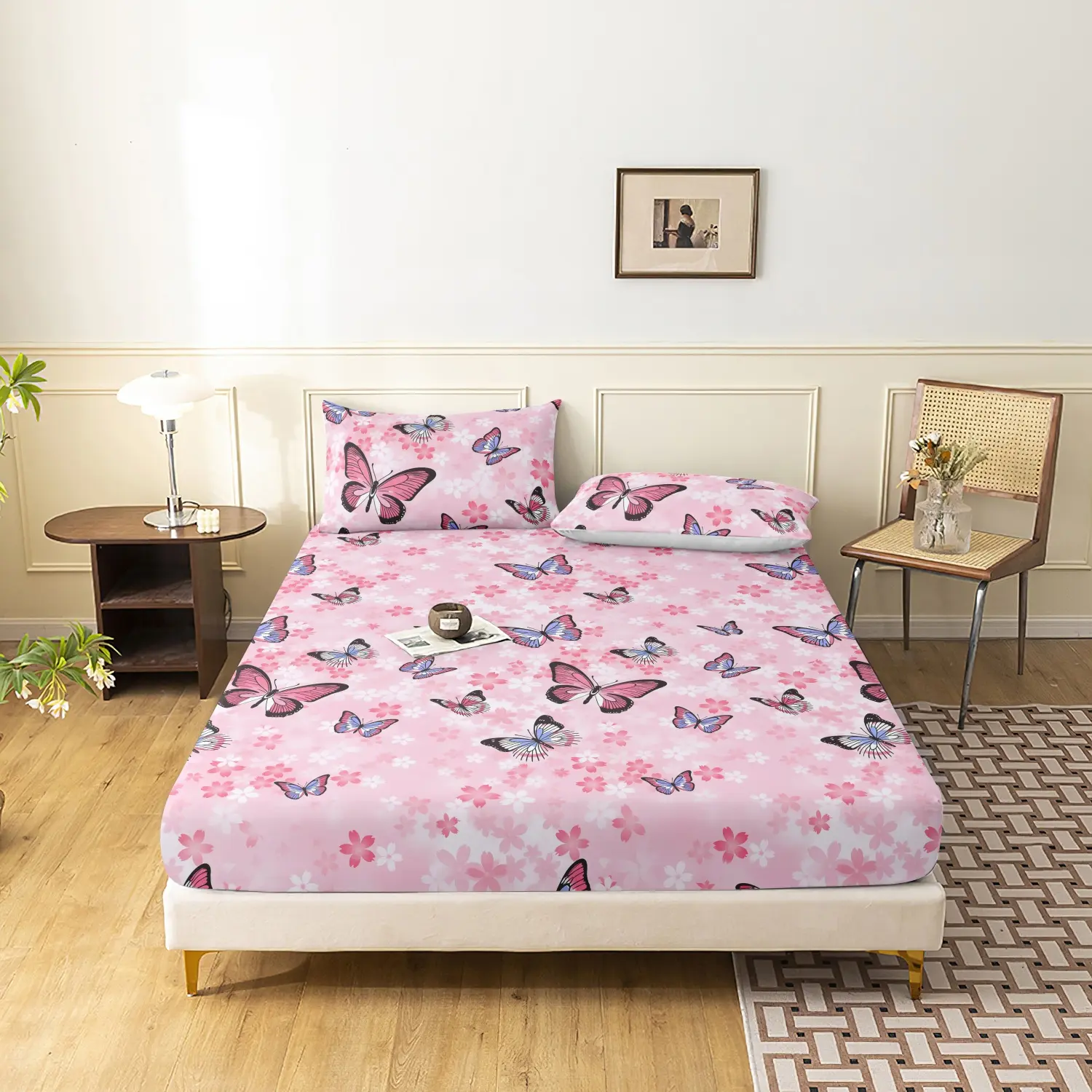 3Pcs Pink Cherry Blossom Butterfly Fitted Sheet Set, Pastel Floral Winged Insect Printed Bedding, Soft Microfiber Romantic Style Bedding For Bedroom Home Decoration, Multiple Sizes Available, Bed Sheet Sets (1 Fitted Sheet + 2 Pillowcases, No Pillow)
