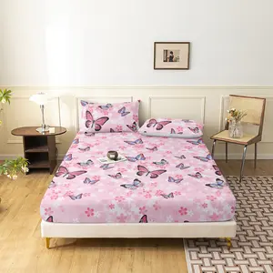 3Pcs Pink Cherry Blossom Butterfly Fitted Sheet Set, Pastel Floral Winged Insect Printed Bedding, Soft Microfiber Romantic Style Bedding For Bedroom Home Decoration, Multiple Sizes Available, Bed Sheet Sets (1 Fitted Sheet + 2 Pillowcases, No Pillow)