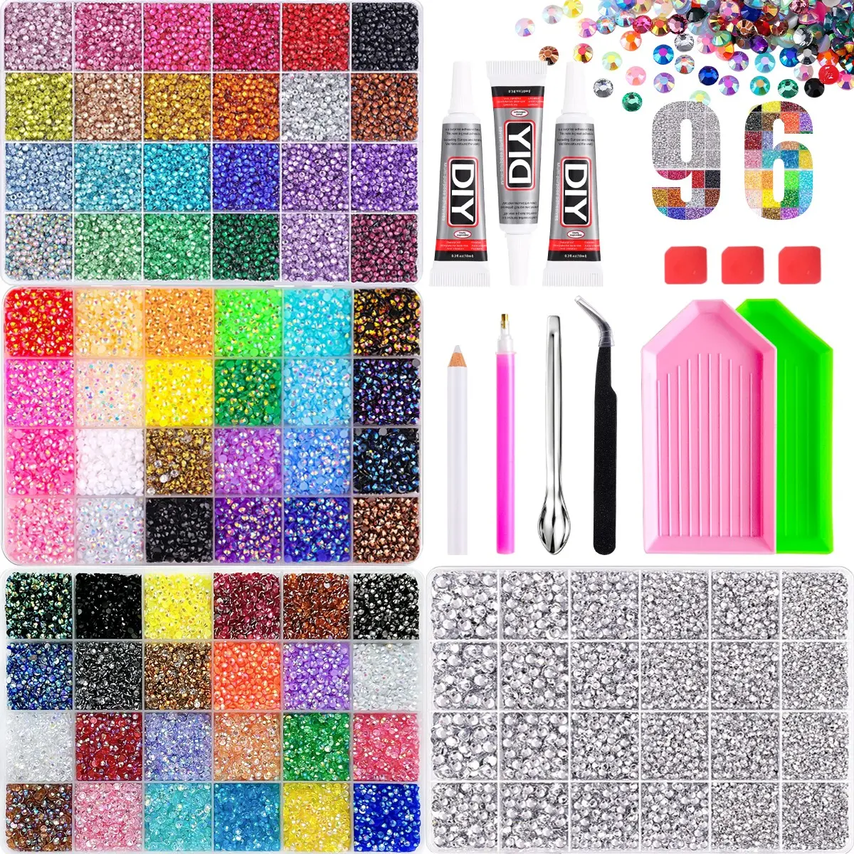Extra-Large Capacity Rhinestone Set, 4 Storage Boxes, 96 Grids, Includes Free Gifts, Practical Tools, Decorative Items。ultimate creative gift for her,graduation gift,class of 2026,summerwins,mid year sale, deals for you。Halloween Birthday Gifts for Women