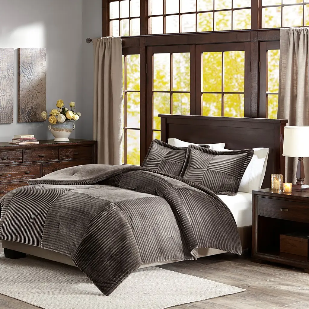 Nokaa Full/Queen Plush Down Alternative Comforter Set - Hypoallergenic All-Season Bedding with Ribbed Face, Solid Reverse, Machine Washable, Includes Comforter & 2 Shams, Brown Grey