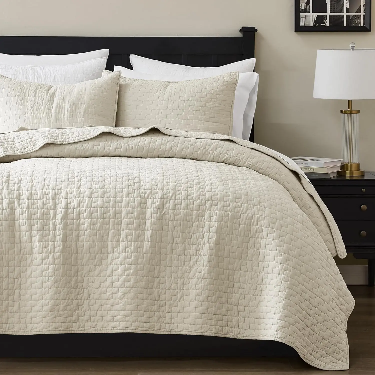 3-Piece Queen Size Beige 100% Cotton Fabric Quilt Set with 2 Pillow Shams, Textured Lightweight Soft Shabby Chic Coverlet, Neutral Quilted Bed Cover for Bedroom Decor, Year-Round Use