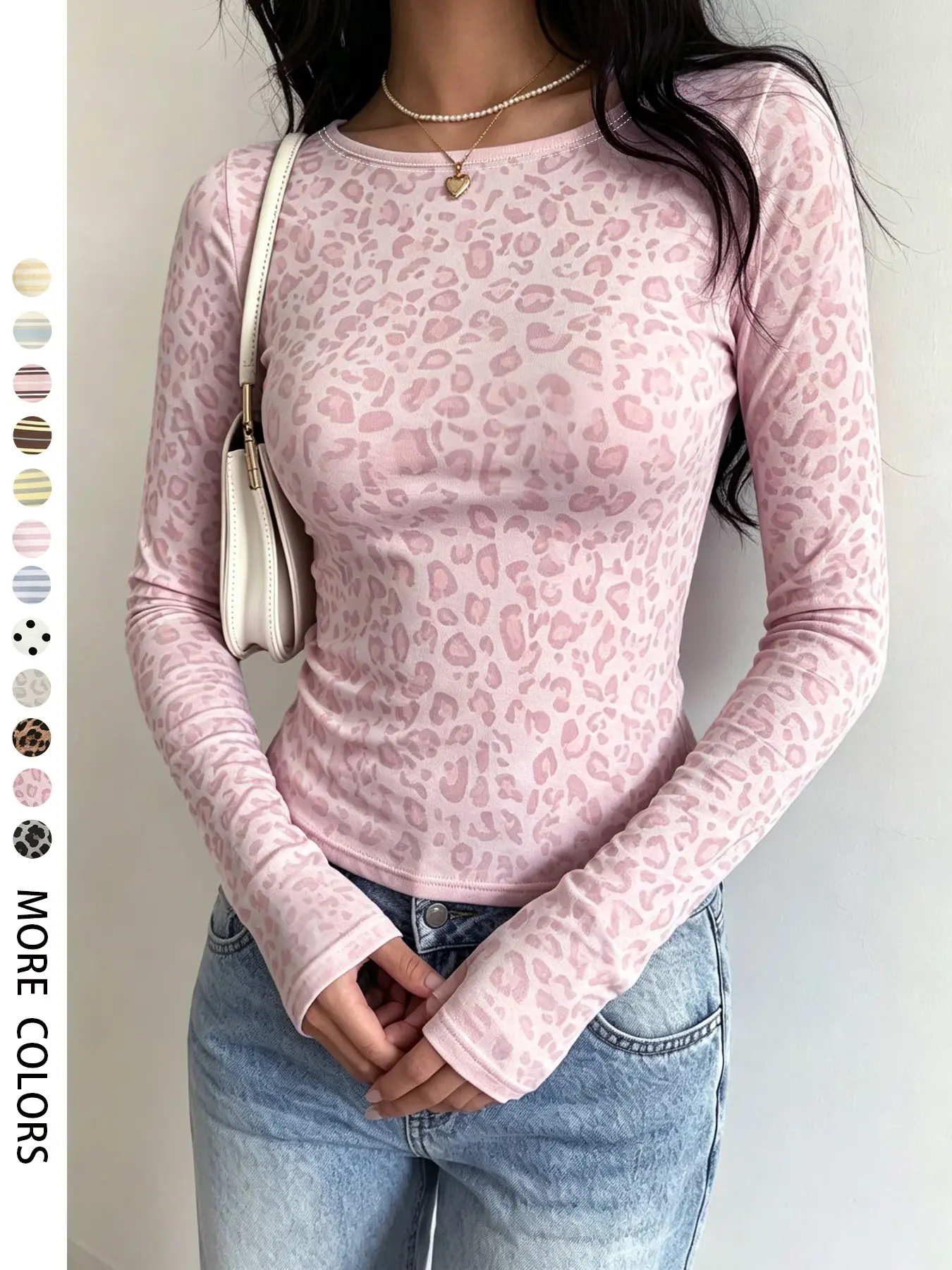 Women's Leopard Print Round Neck Long Sleeve Top, Slim Fit Fall Winter T-Shirt, Casual Fashion for Daily Wear and Home