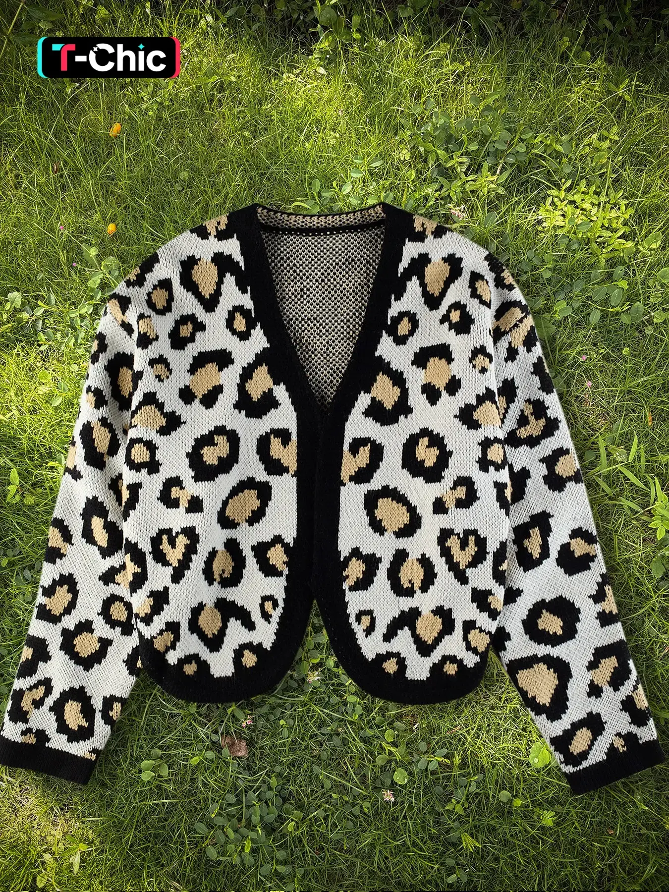 Women's Leopard Print V-Neck Knit Cardigan, Short Casual Chic Knitwear Fall Sweater Coat, Perfect for Vacations, Outings, Parties, Dinners