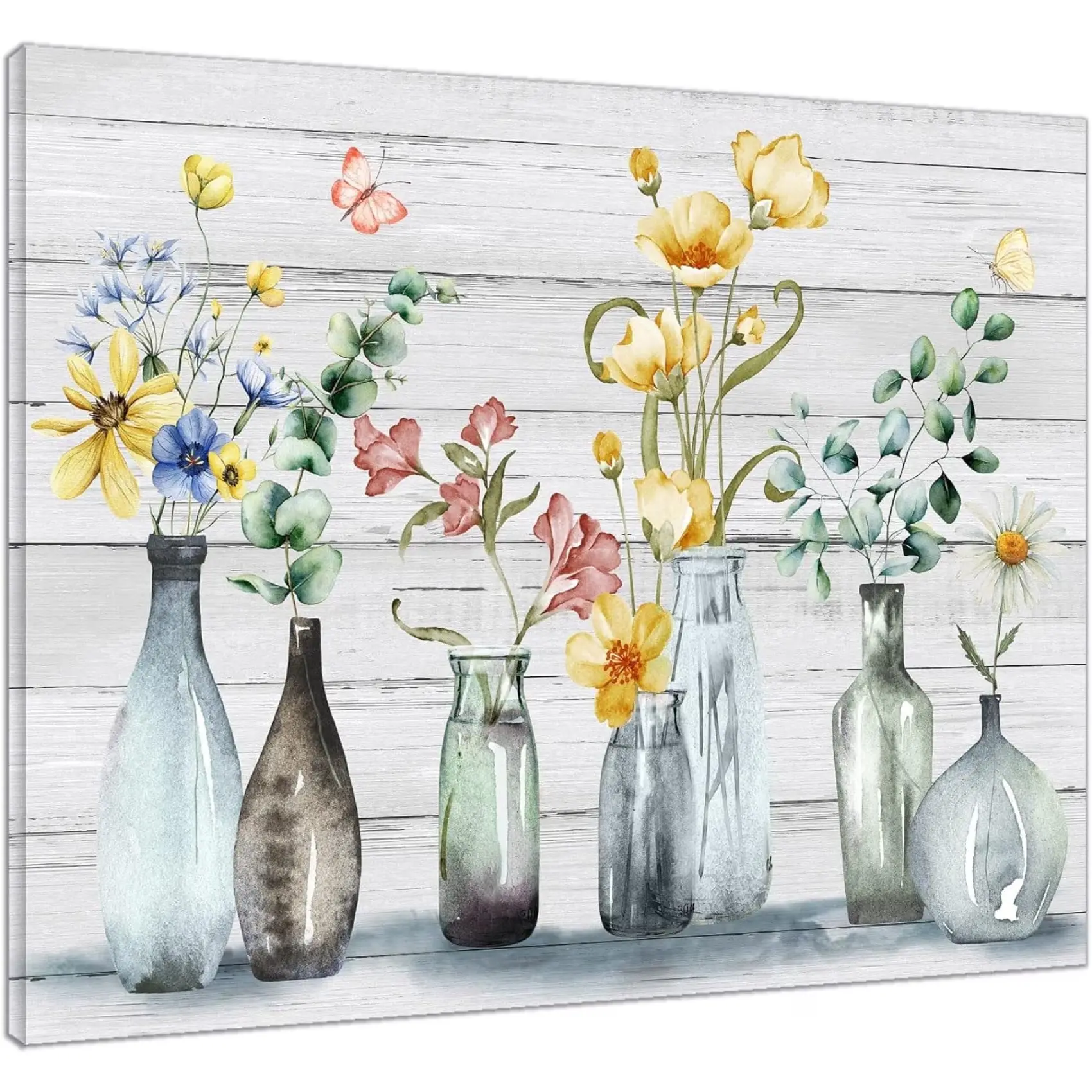 Country Floral Wall Art for Living Room, Blue and Yellow Flower with Green Botanical Canvas Wall Art, Retro Wood Boards Framed Wall Art for Bedroom Bathroom Wall Decor, 16X12 inch Ready to Hang