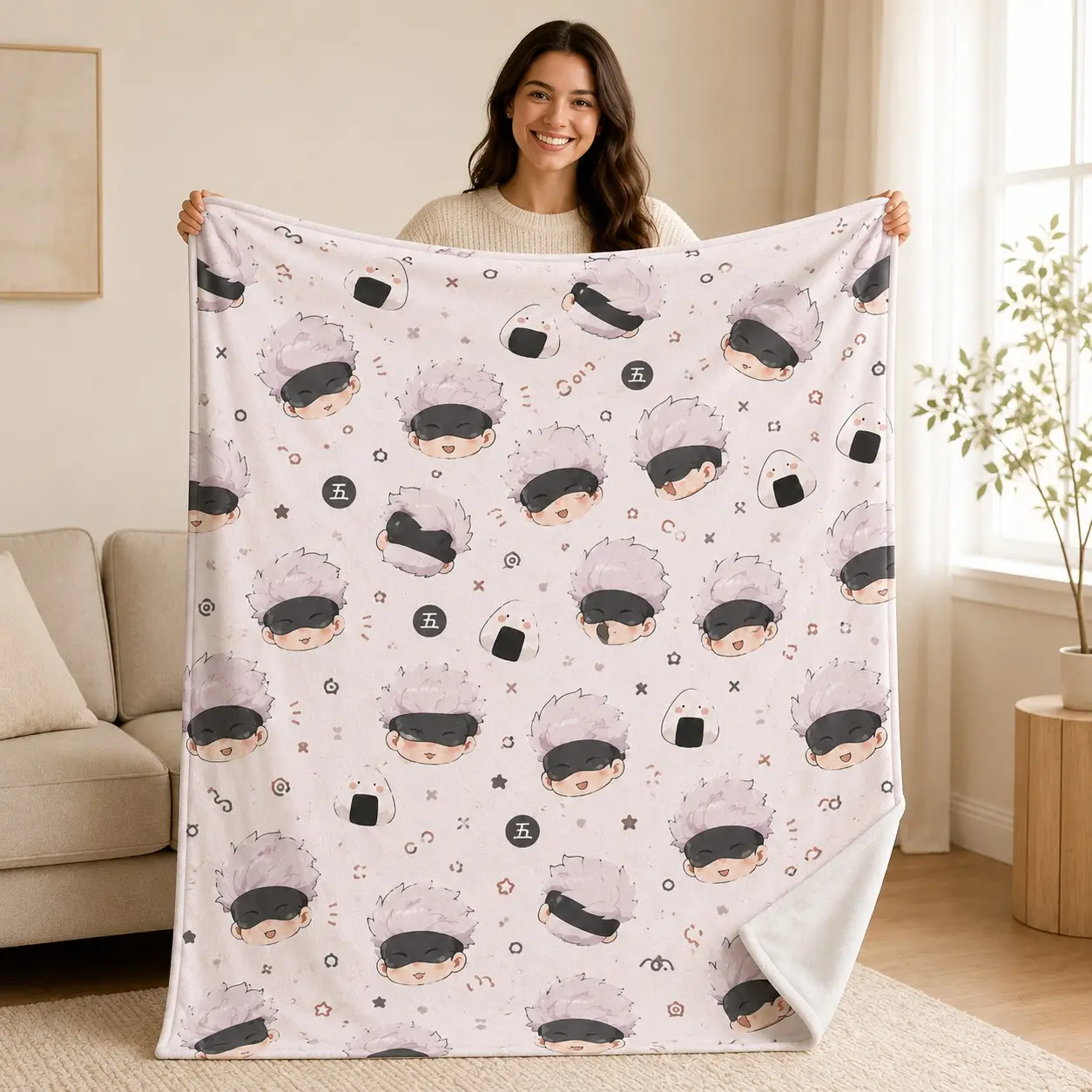 Jujutsu Kaisen Gojo Satoru Kawaii Flannel Throw Blanket, Cute Chibi Blindfold Onigiri Anime Blanket for Couch Bed, Gojo Fan Gift