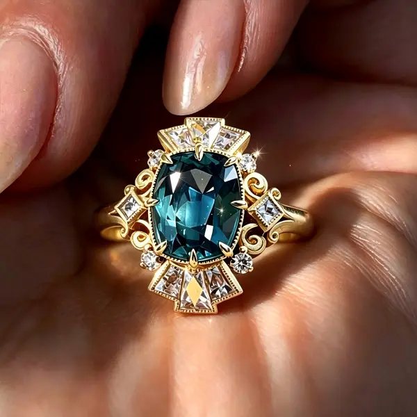 Oval Teal Blue Main Stone Vintage Art Deco Statement Ring Multi Cut Shiny Crystal Scrollwork Band Luxury Cocktail Finger Jewelry Anniversary Party Promise Gift For Women Her