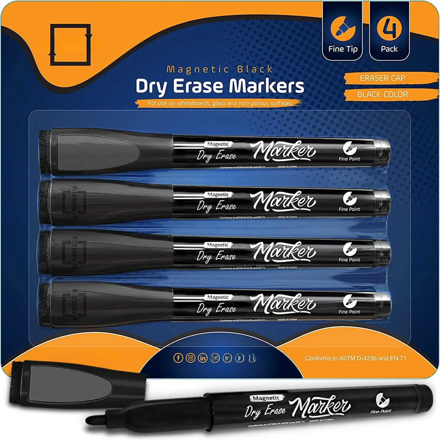 Dry Erase Markers Fine Tip Black Color Low Odor Whiteboard Markers with Eraser Cap Thin Skinny White Board Markers for Adults Students Teachers  Art  & School (4 Pack)