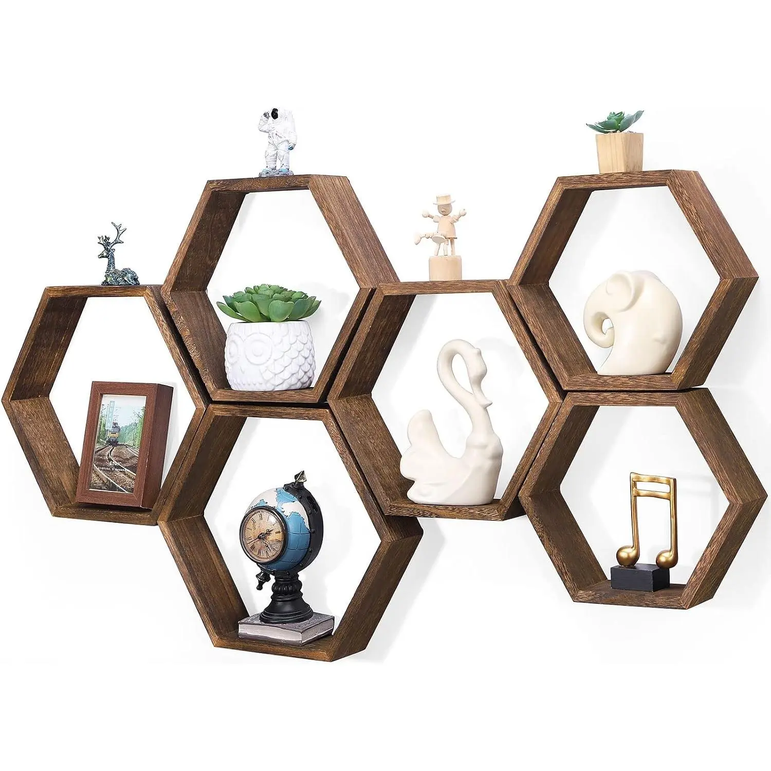 Honeycomb Floating Shelves Set of 6, Hexagon Floating Shelves | Honeycomb Wall Decor, for Wall Wood Farmhouse Storage, Wall Mounted, for Bedroom Living Room Nursery, Rustic Brown