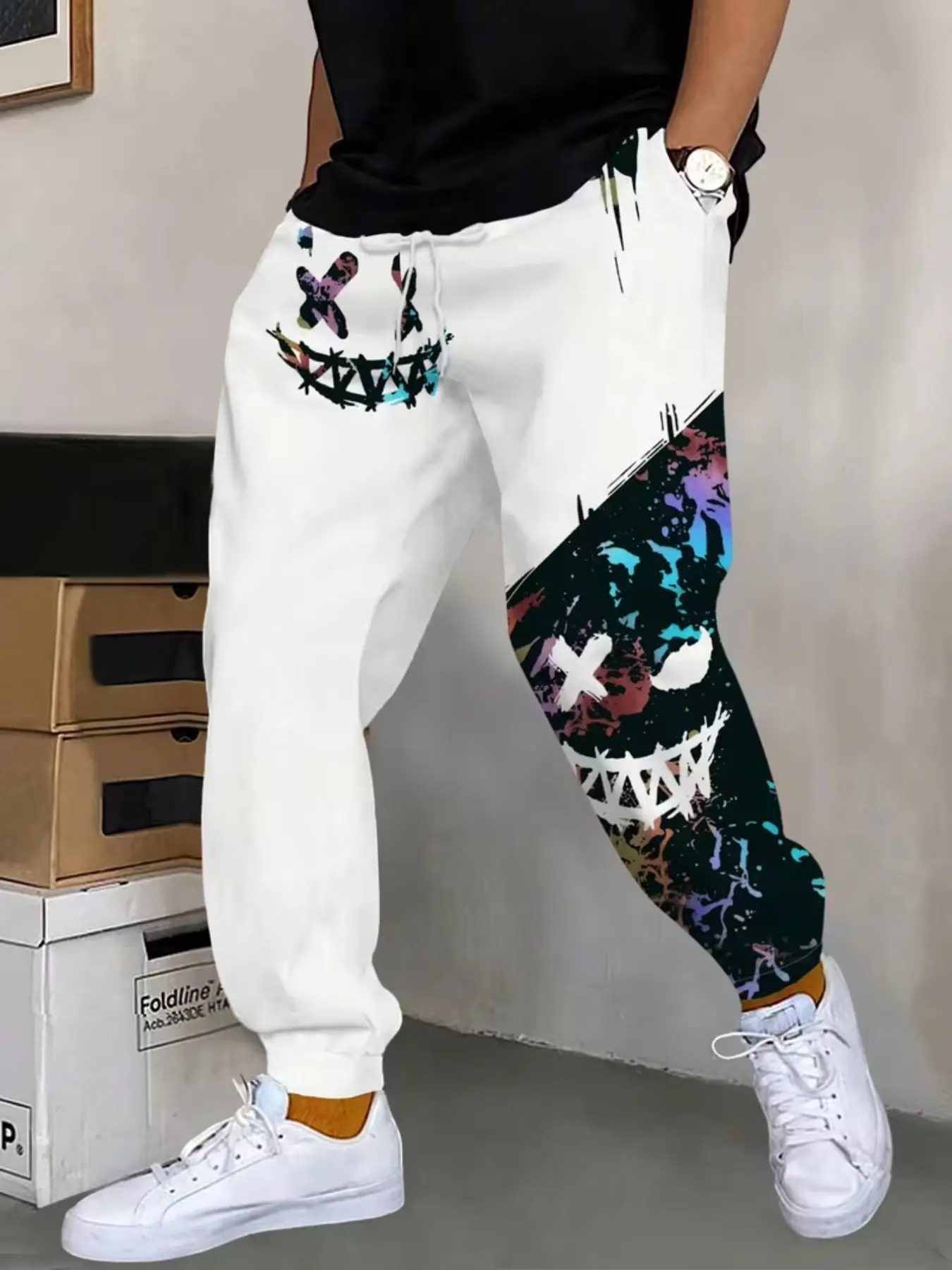 Trendy Streetwear 3D Digital Print Casual Lounge Sweatpants for Men, Unique Smile Graffiti Cuffed Casual Pants, Youth Fashion Sportswear for Fall & Winter