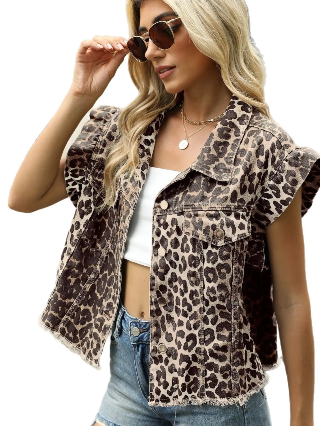 Women's Leopard Print Denim Vest, Fashion Vest, Turn-Down Collar Single Button Fly Sleeve Edge Casual Sleeveless Outerwear Tank Top Summer