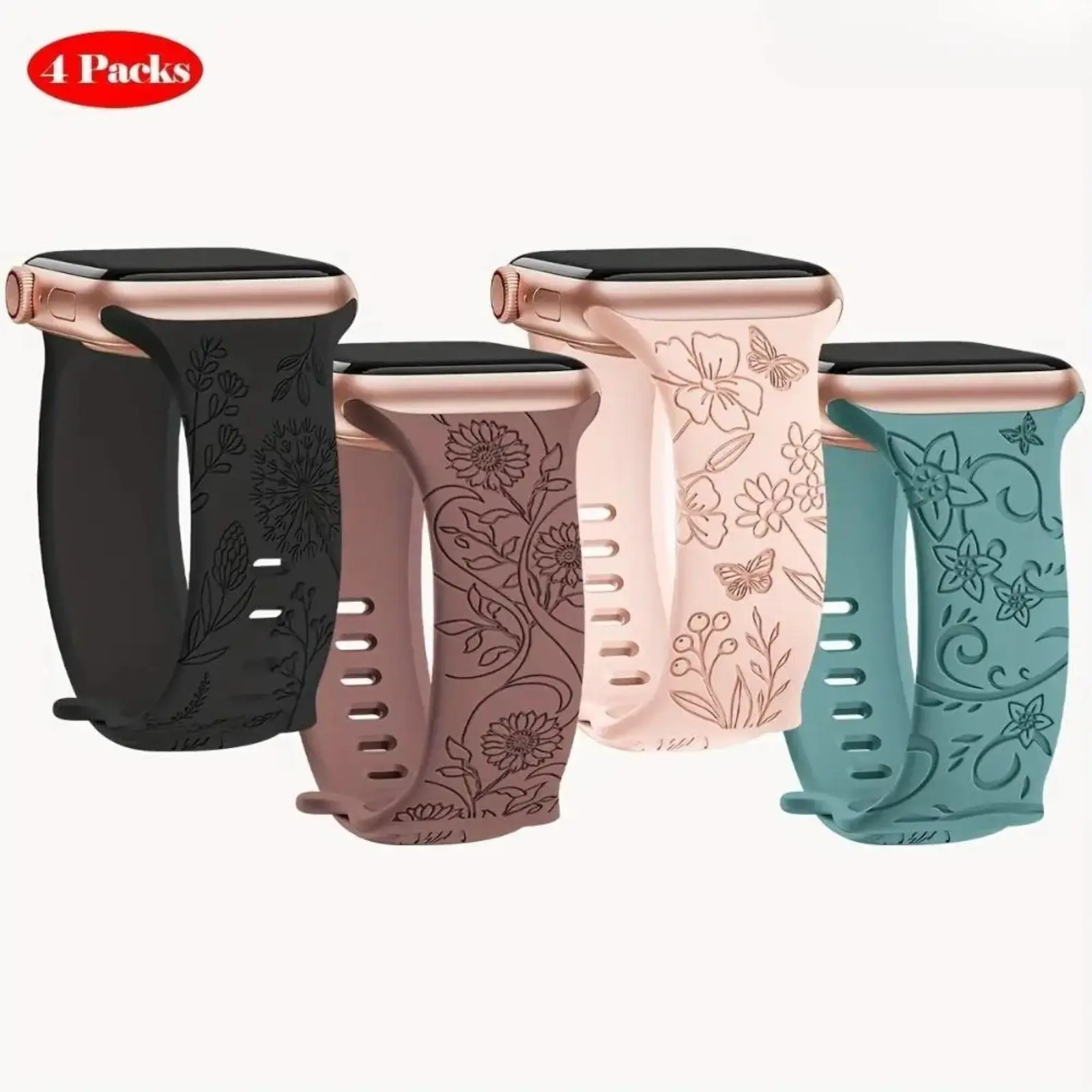 4-Pack Floral Print Silicone Watch Bands, sport replacement straps fit 38-49mm smart watches. Soft & durable wearable accessories, comfy for daily looks, workouts and outdoor use.
