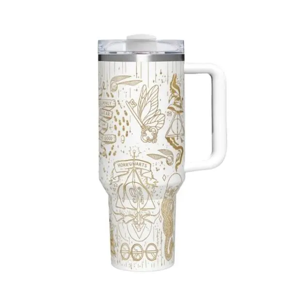 【Back To School】Warner Bros.Harry Potter Hogwarts Magic Symbol Gold Line Sketch 40oz Tumbler with Handle and Straw, White Background Wizard All Wrap Print Travel Mug, Wizard Book & Movie Fan Reusable Water Cup, Magical Fantasy Novelty Holiday Gift