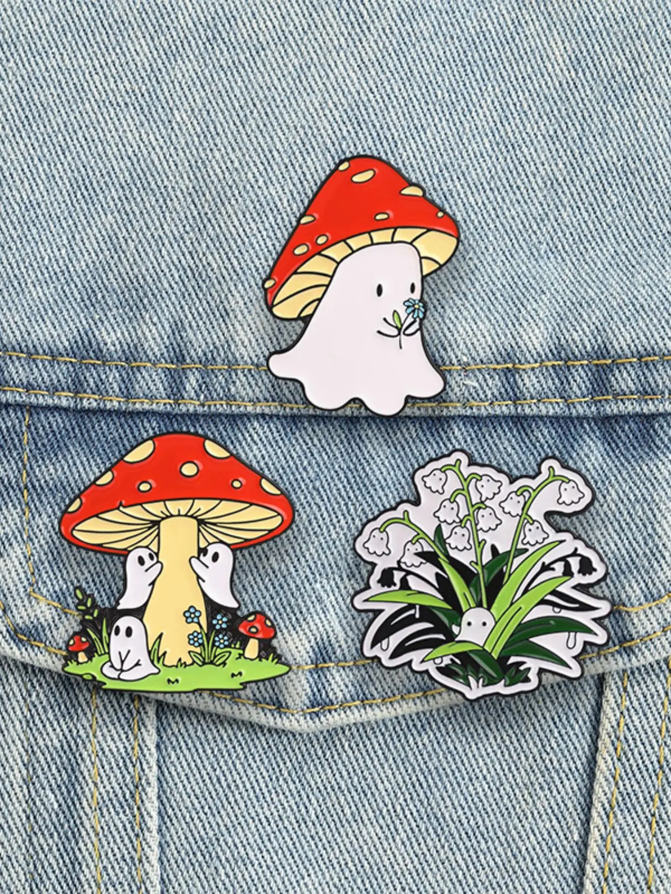Spooky Cute Ghost Mushroom Enamel Pin Set 3pcs, Cottagecore Lapel Badge, Backpack Accessory, Unique Fashion Jewelry