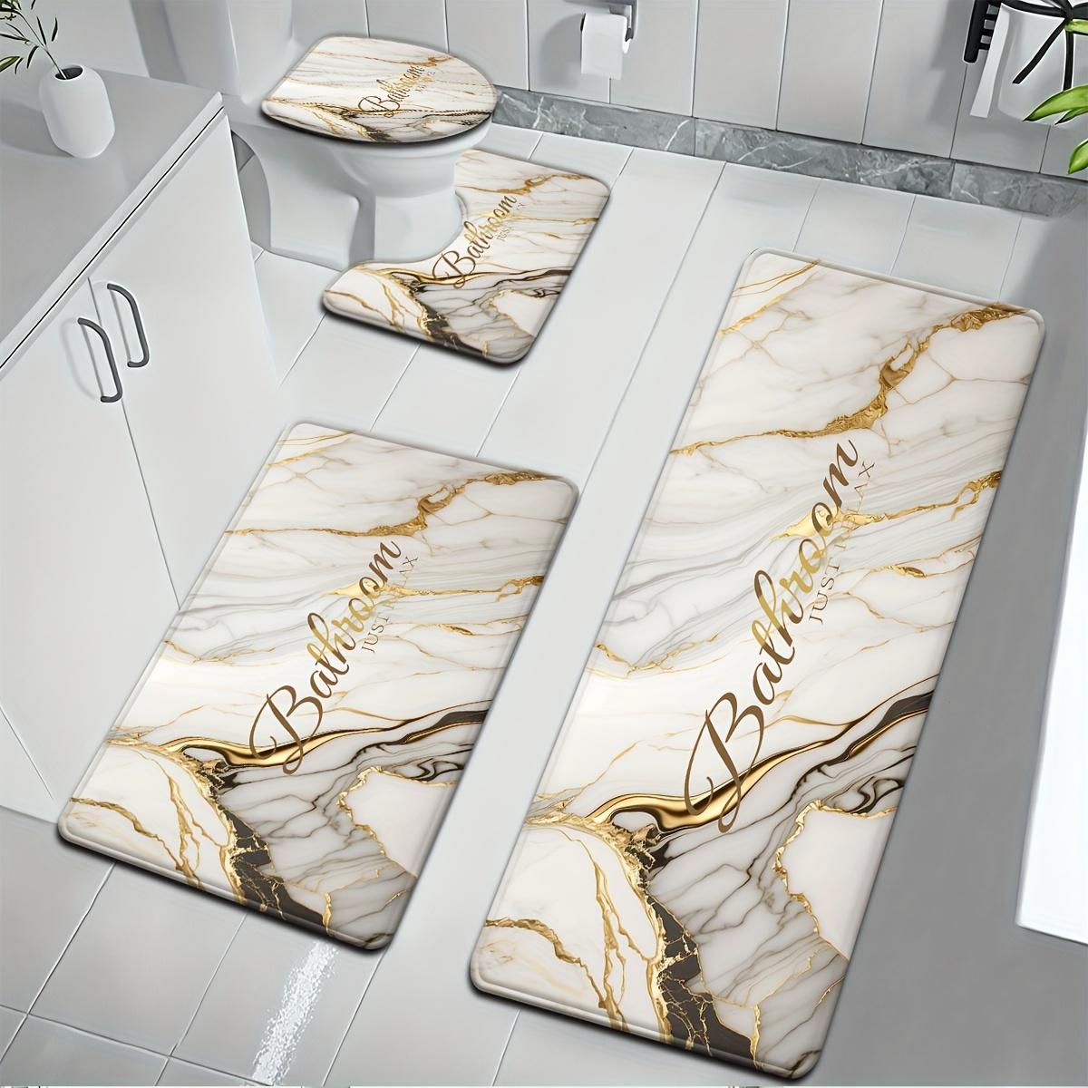 4-Piece Marble Pattern Bathroom Rug Set, Abstract Swirl Ink Fluid Art Bath Mat with "Just Relax" Print, Non-Slip Absorbent Bathroom Accessories with Toilet Lid Cover & U-Shaped Mat for Modern Bathroom Decor