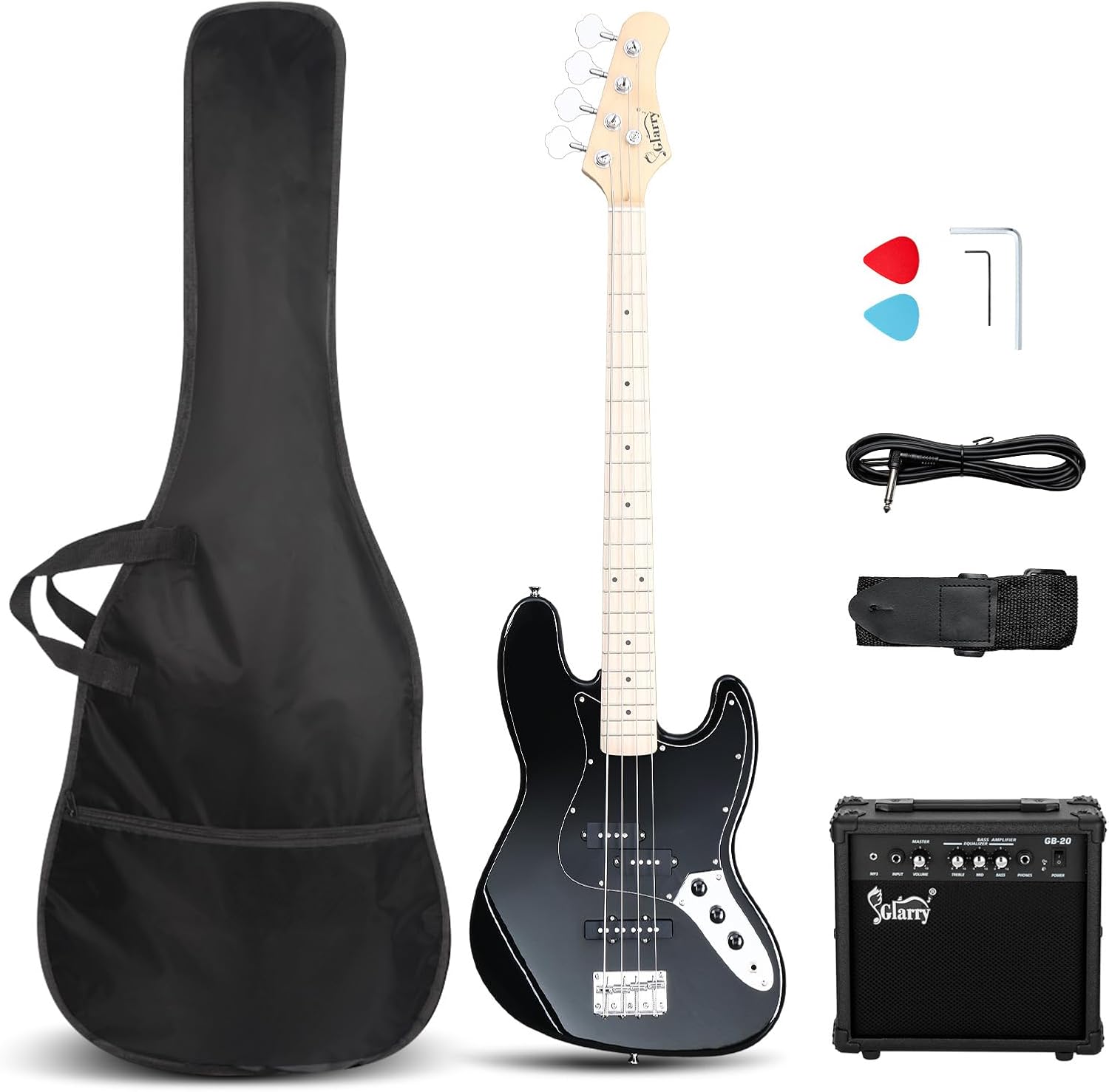 GLARRY Bass Guitar Full Size 4 String Exquisite Stylish Bass with Guitar Bag Power Line and Wrench Tool (Black, With AMP)