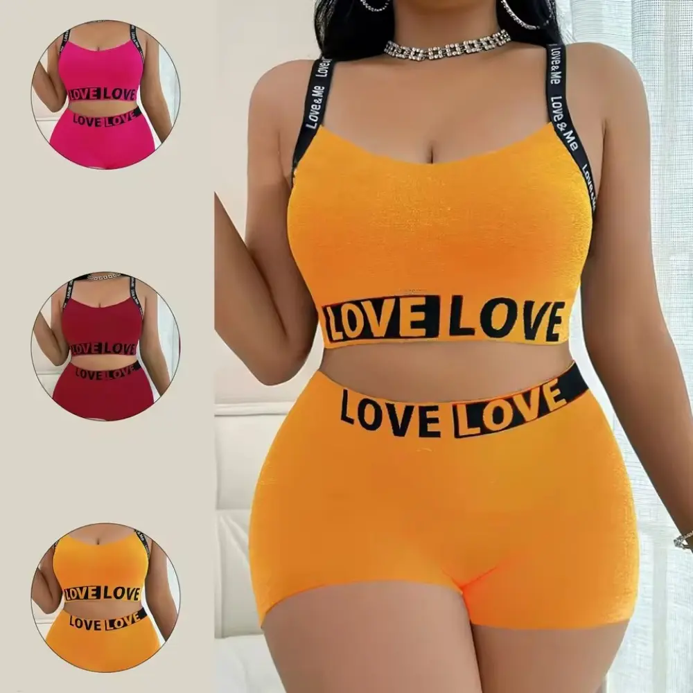 Women's Letter Print Open Back 2-Pieces Sports Bra & Shorts Set, Plus Size Strap Tank Top Workout Wear Loungewear Outfit, Tank Tops, Female, Sleeveless, Two-Pieces