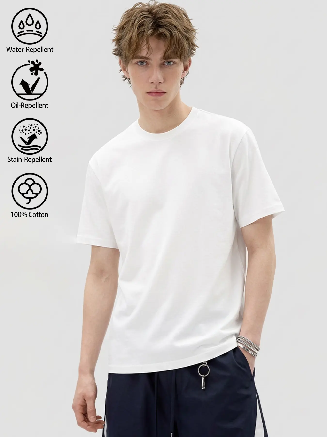 100% Cotton Waterproof, Stain-Resistant & Oil-Proof White T-Shirt for Men, Menswear | Premium Heavyweight Crewneck Round Neck Short Sleeve Tee | Anti-Oil & Liquid Splatter Proof Summer Top for Daily Casual, Travel & Commuting
