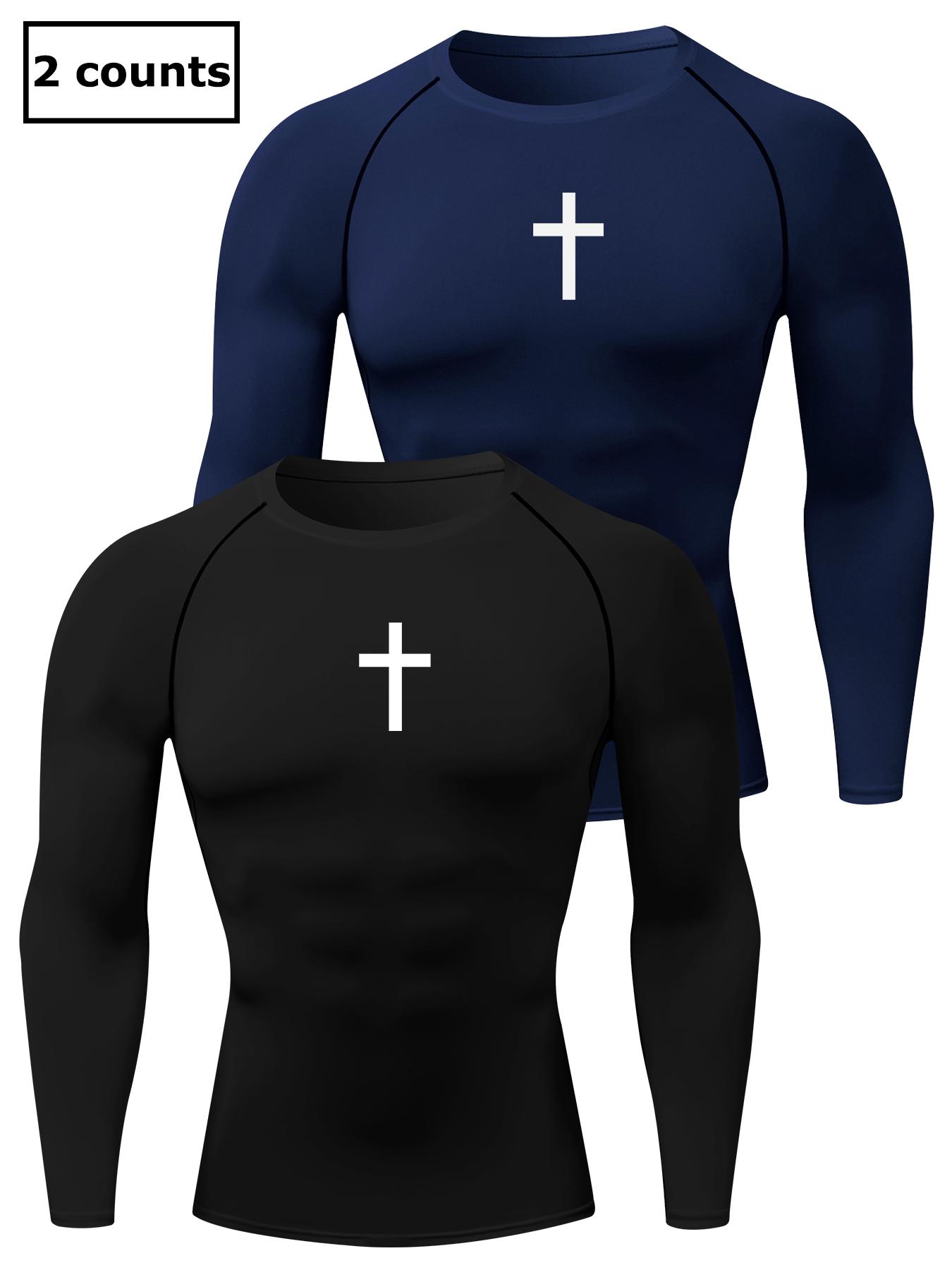 Men's Cross Print Round Neck Sports Tee, Tight Sporty Quick Drying Breathable Long Sleeve T-shirt, Men's Sportswear for Spring & Fall Gym Workout, Athletic Style High Performance Activewear, Quick Drying Top, Sports Tops