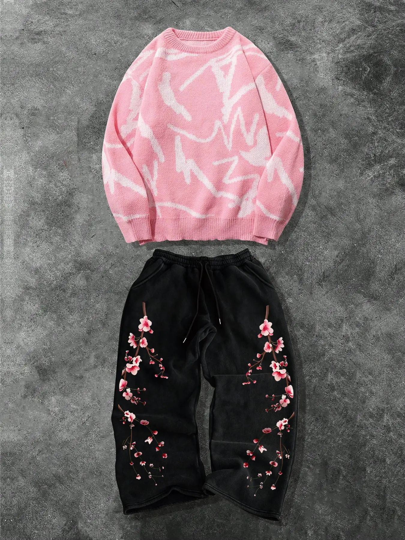 Men's Two-Piece Casual Set, Soft Comfortable Crewneck Sweater and Drawstring Wide Leg Pants, Spring & Fall Fashion, Graphic Floral Print Design