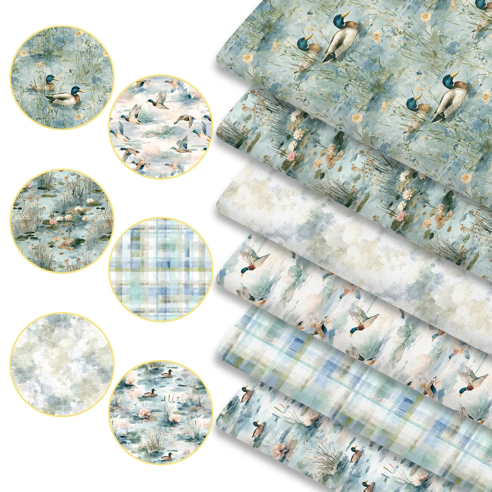 6pcs 45cm*50cm/17.72in*19.69in Wetland Ecology Watercolor Wild Duck Print Pattern Fabric, Casual Fabric, Suitable for Quilting, Bedding, Tablecloth, Bags, Masks, Hats, Headbands, Pillowcases And Other Materials